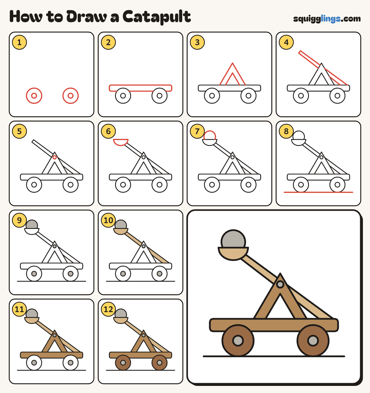 How to Draw a Catapult step by step: all 12 steps in one picture