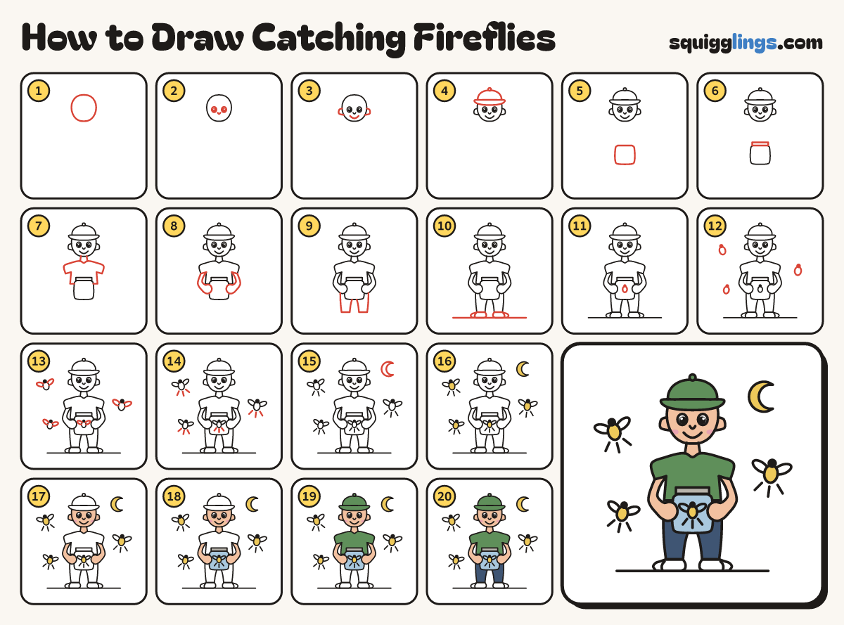 How to Draw Catching Fireflies step by step: all 20 steps in one picture