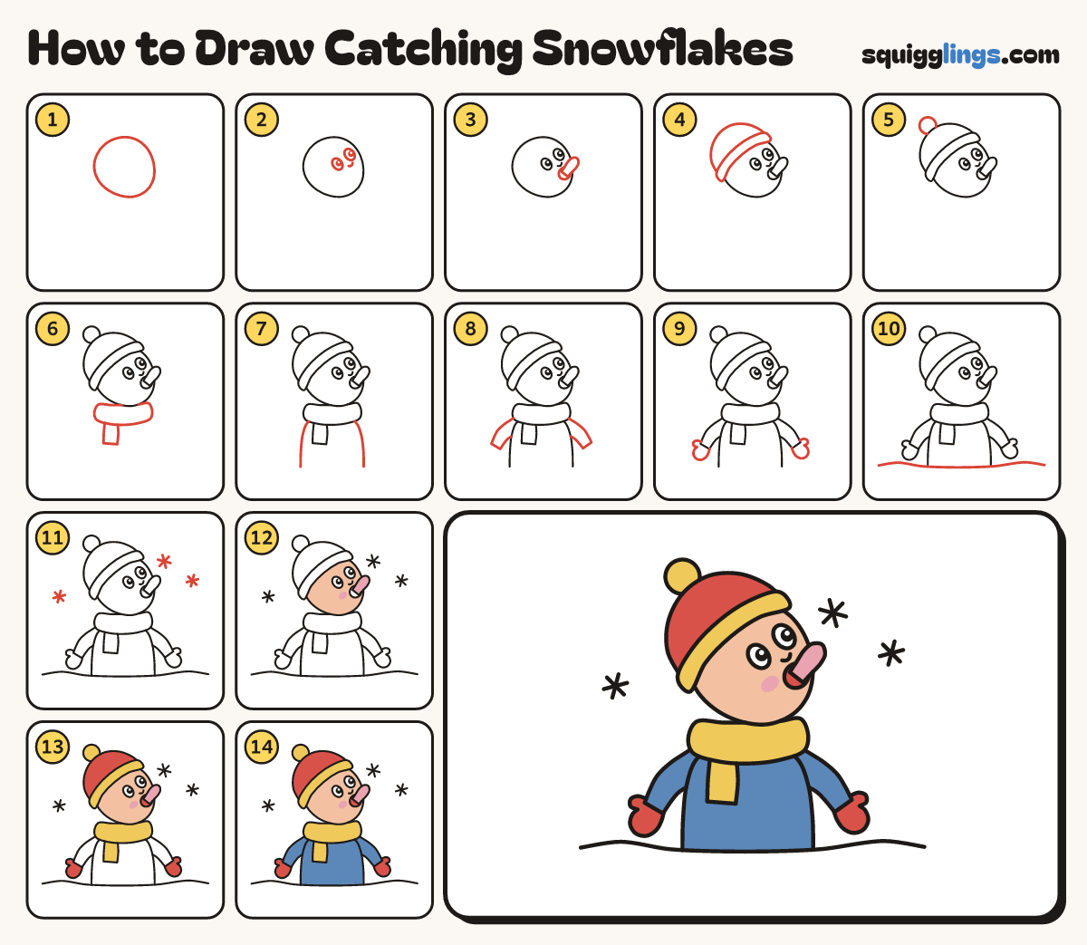 How to Draw Catching Snowflakes step by step: all 14 steps in one picture