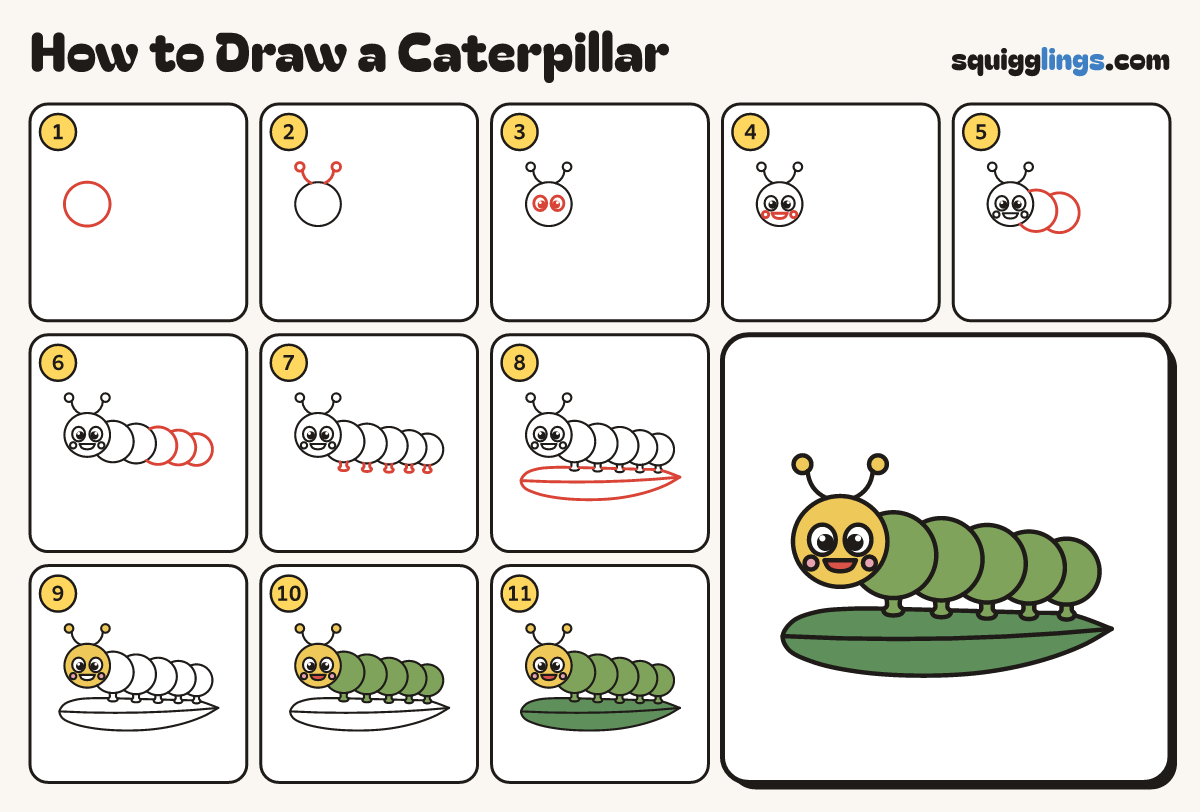 How to Draw a Caterpillar step by step: all 11 steps in one picture