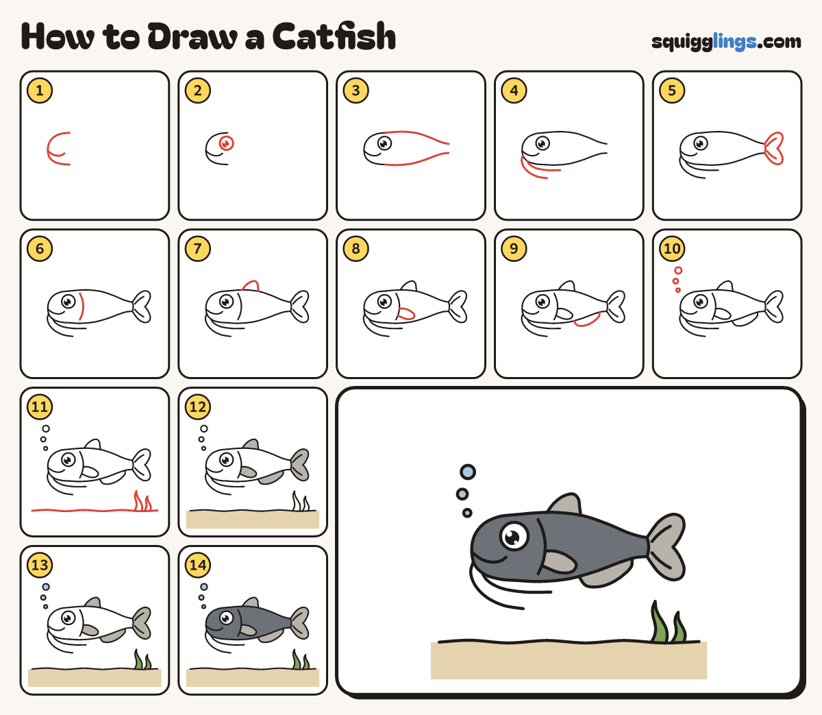 How to Draw a Catfish step by step: all 14 steps in one picture