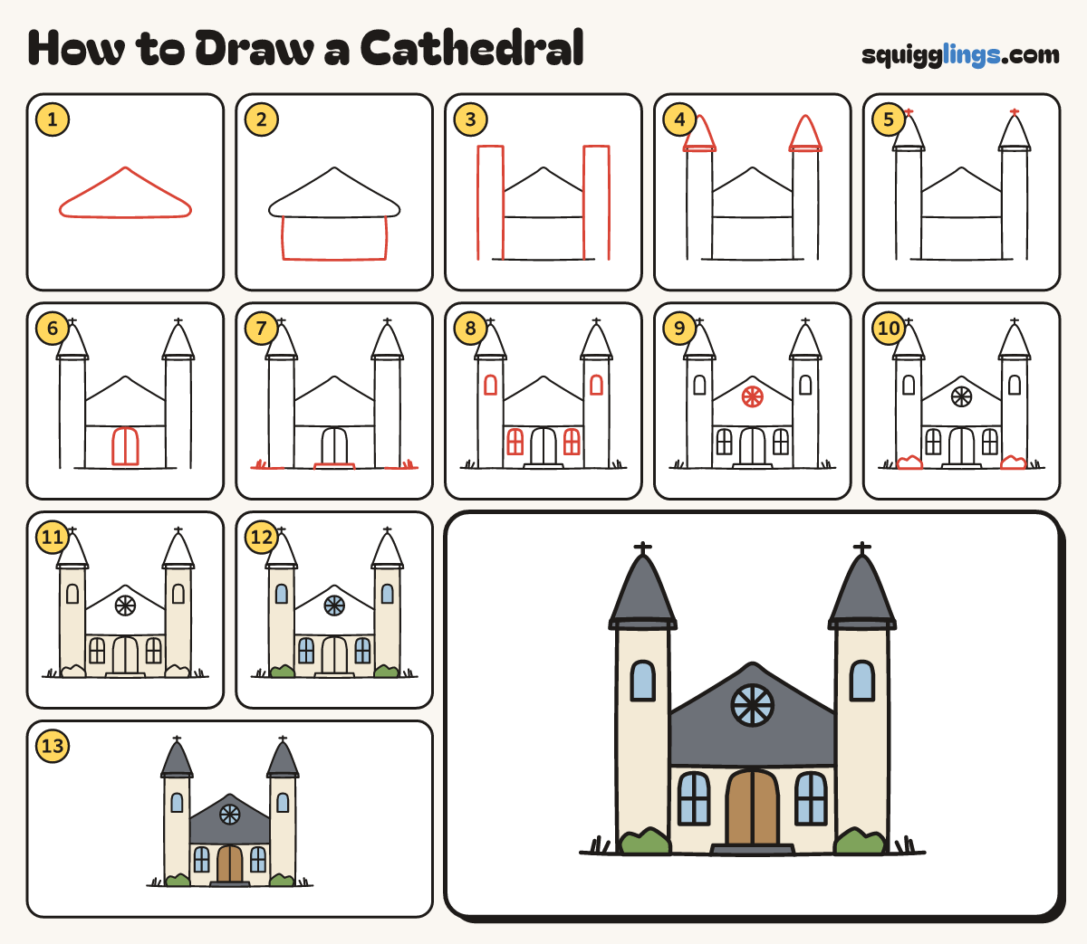 How to Draw a Cathedral step by step: all 13 steps in one picture