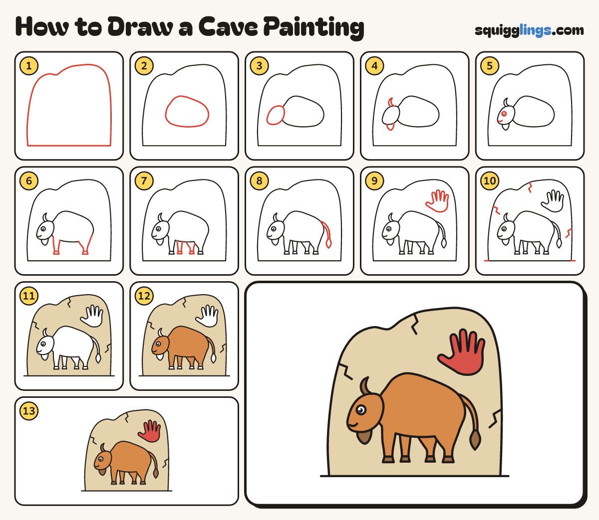 How to Draw a Cave Painting step by step: all 13 steps in one picture