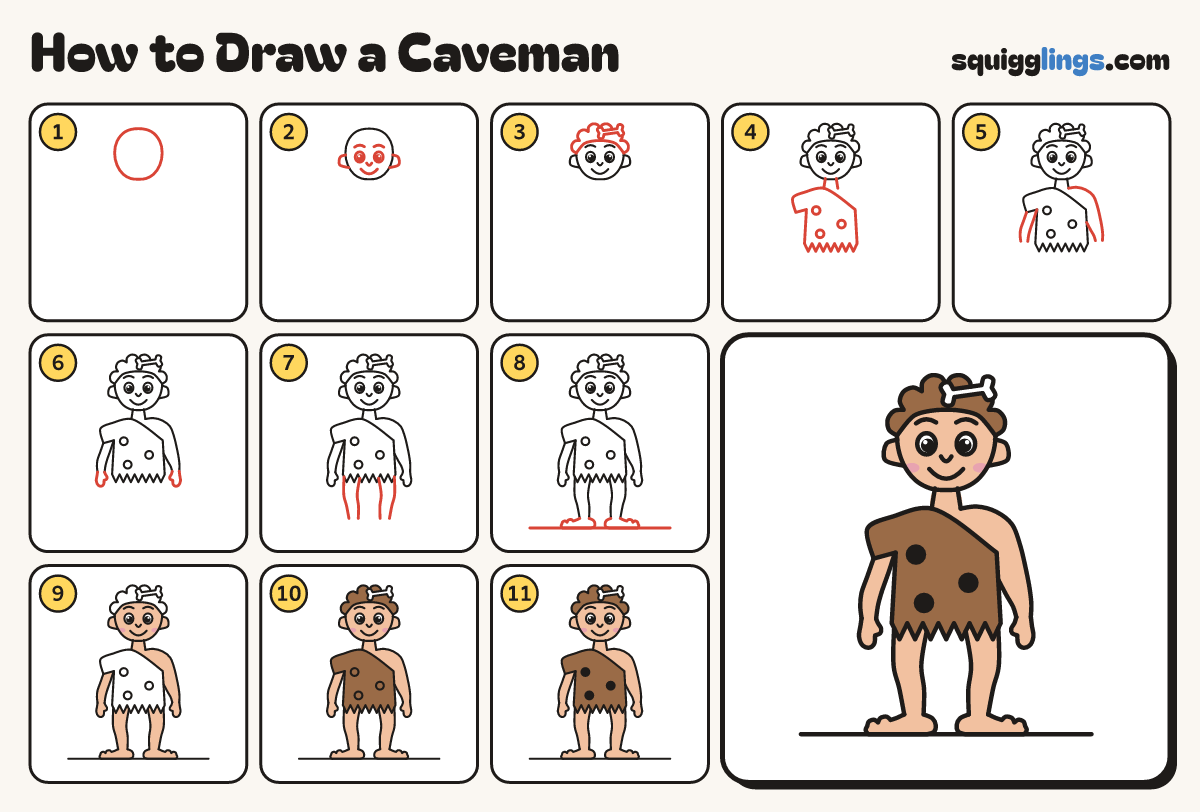 How to Draw a Caveman step by step: all 11 steps in one picture