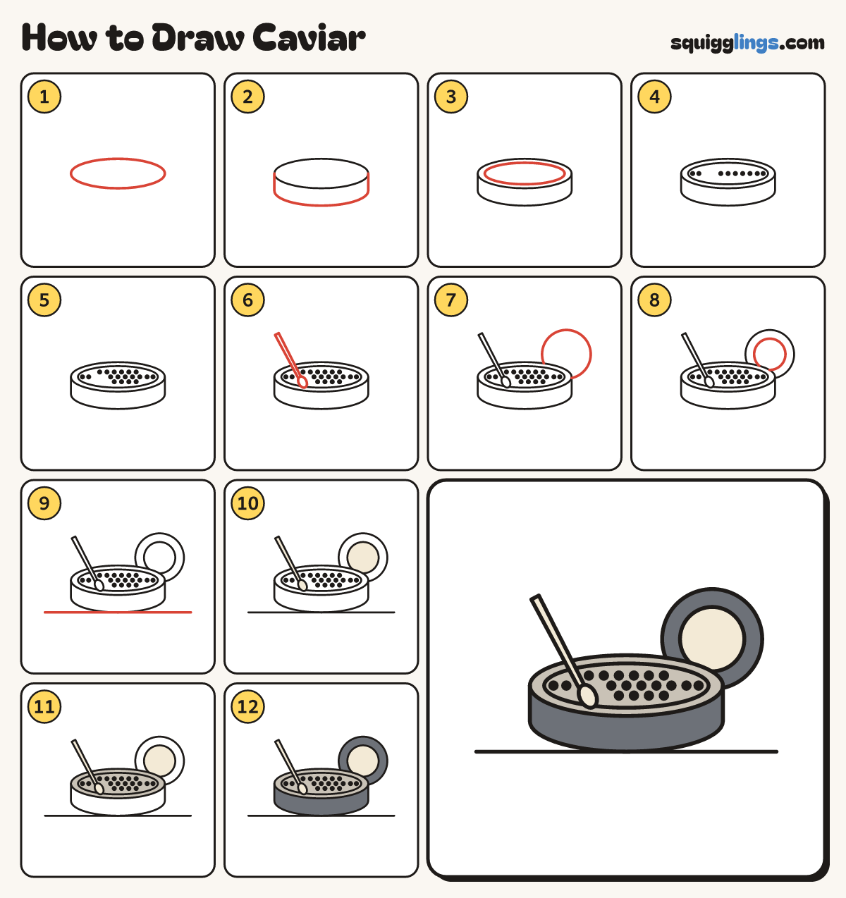 How to Draw Caviar step by step: all 12 steps in one picture