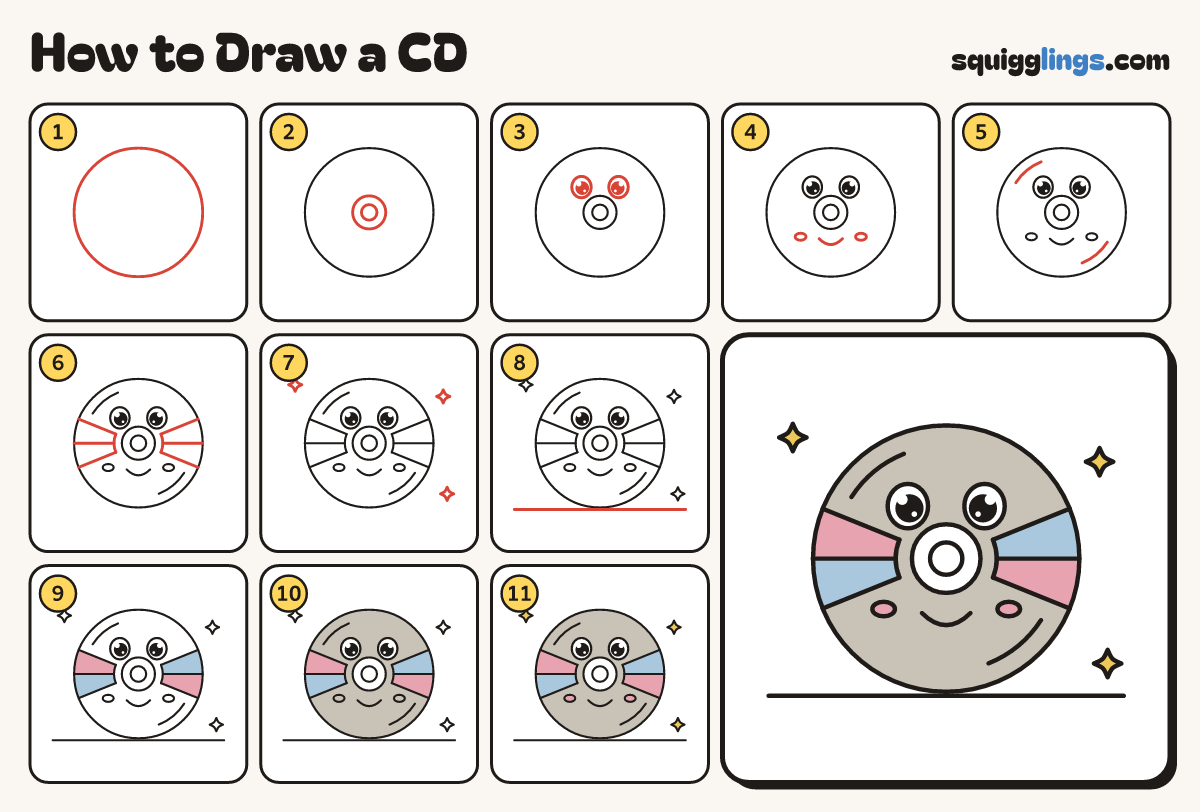 How to Draw a CD step by step: all 11 steps in one picture