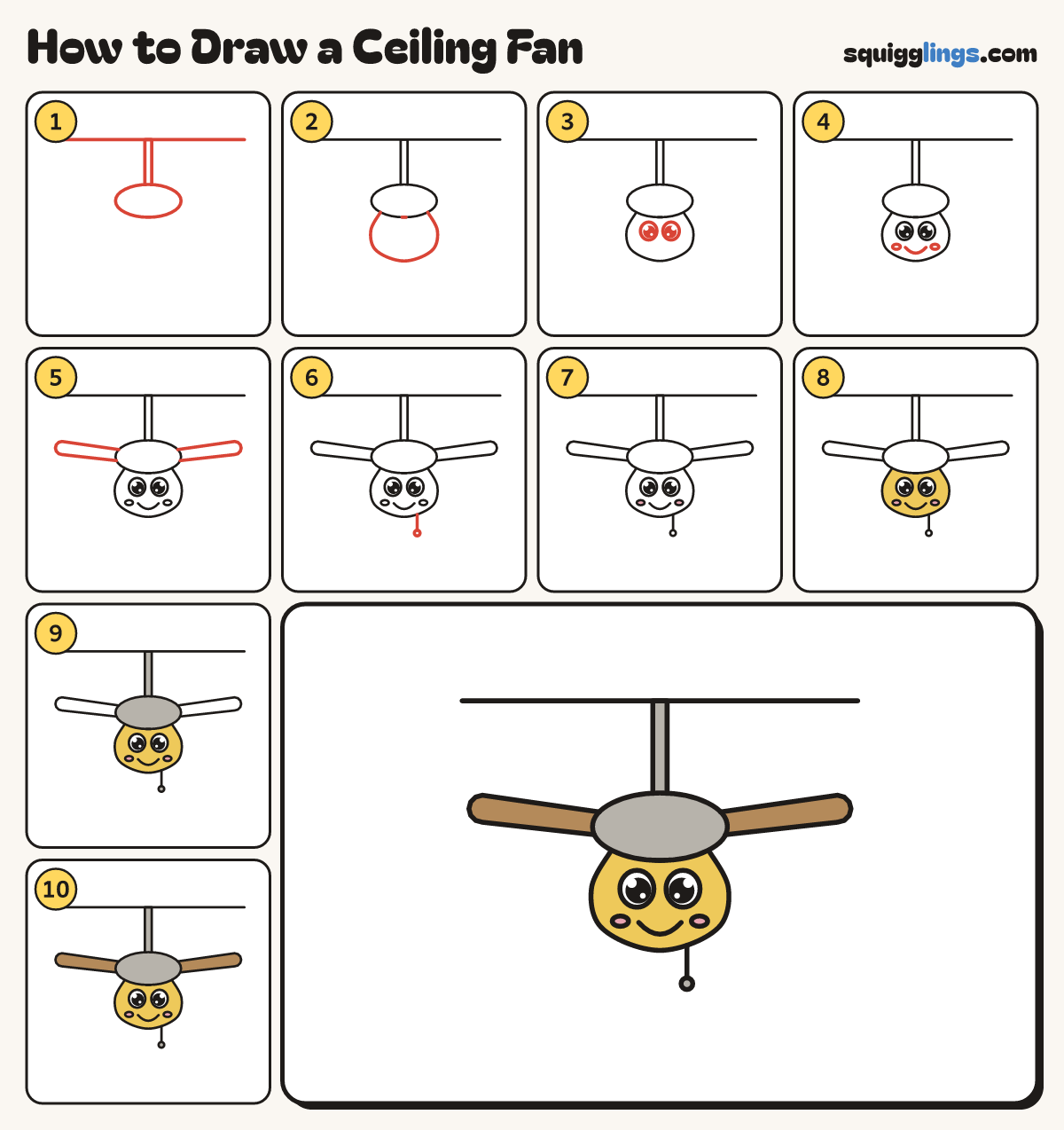 How to Draw a Ceiling Fan step by step: all 10 steps in one picture