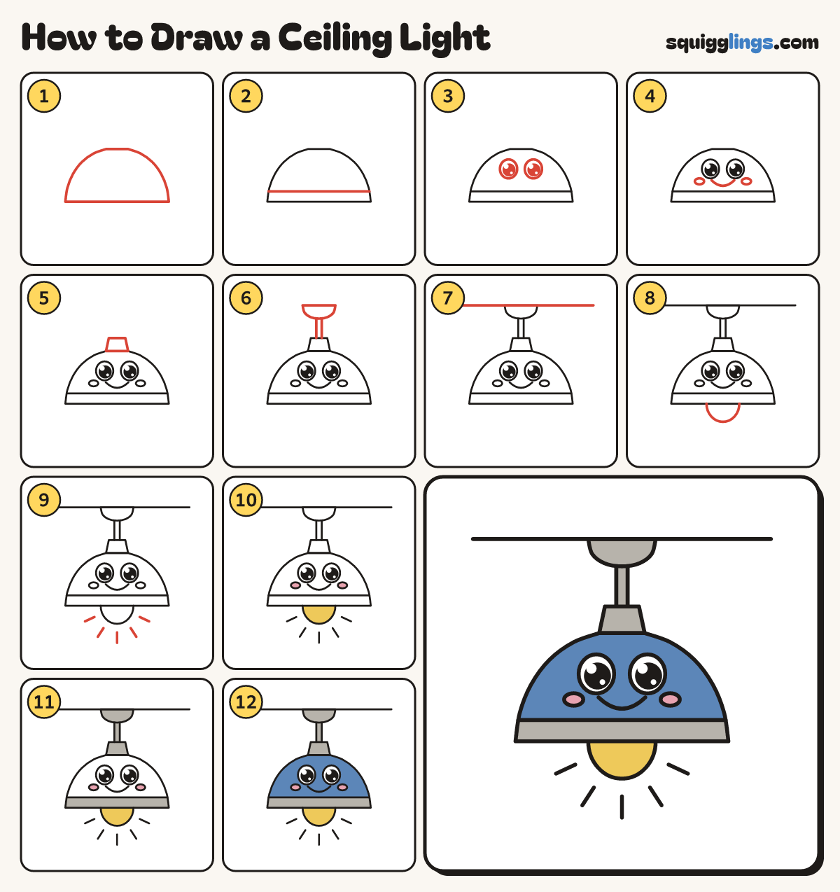 How to Draw a Ceiling Light step by step: all 12 steps in one picture