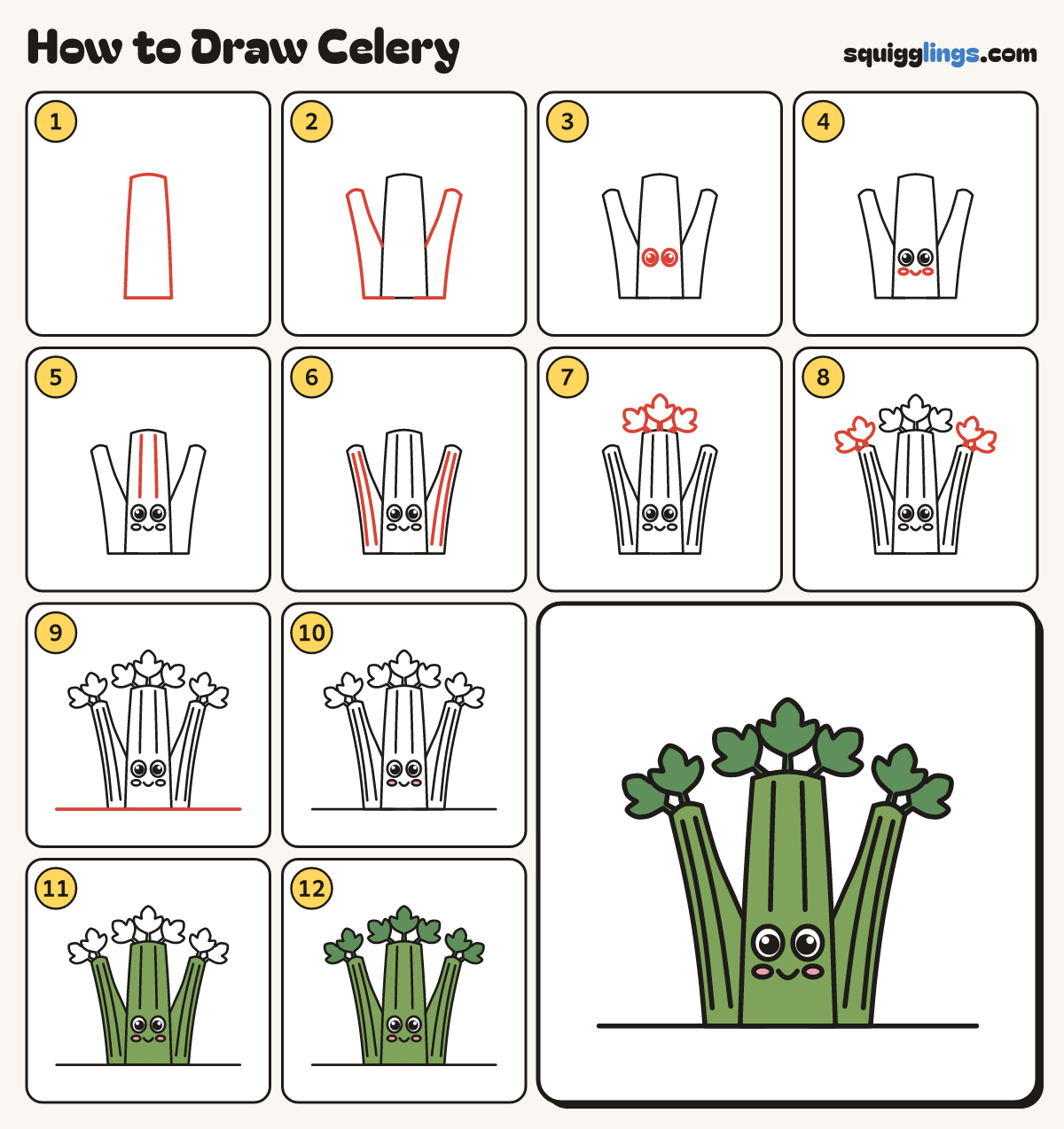 How to Draw Celery step by step: all 12 steps in one picture