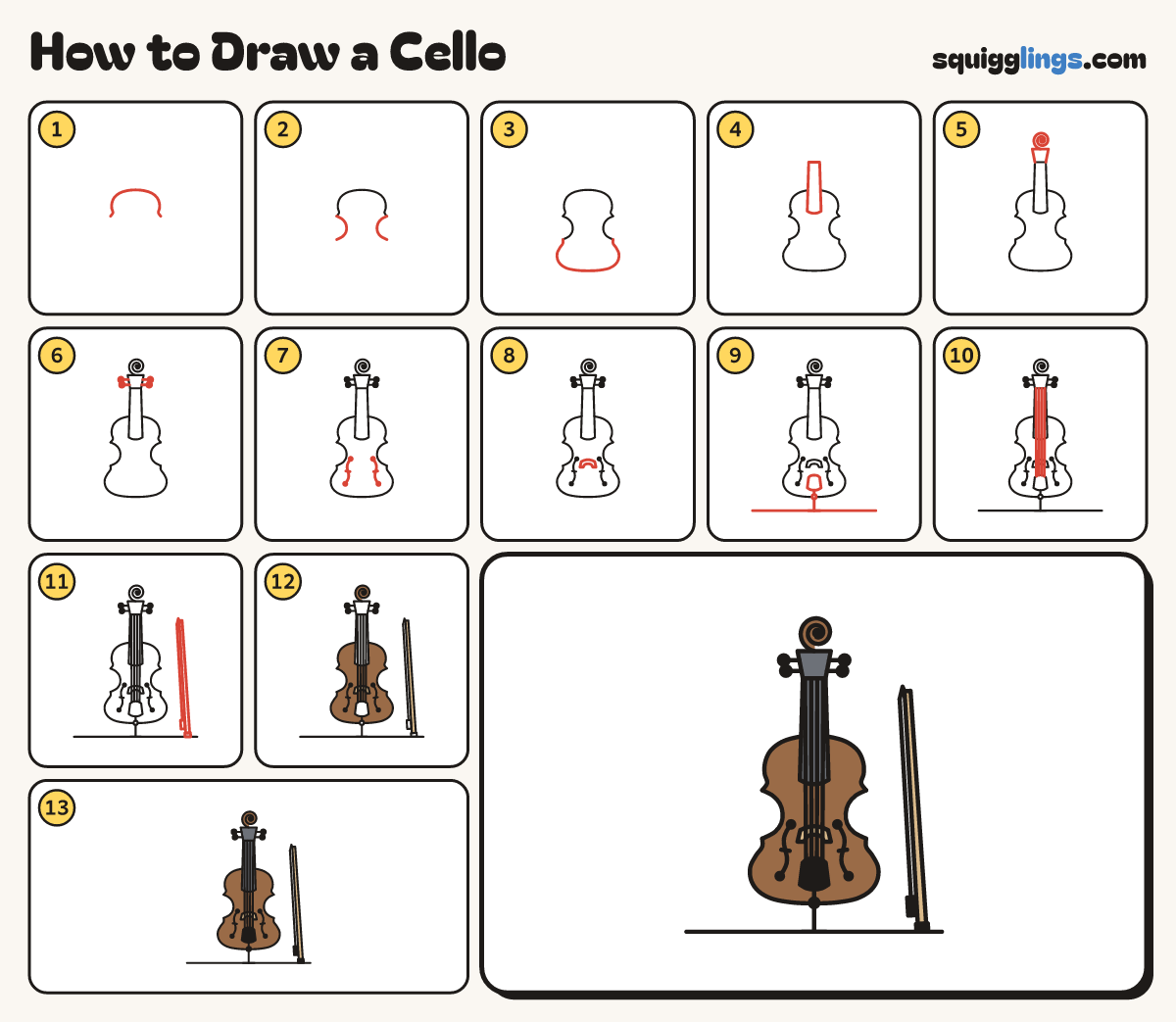 How to Draw a Cello step by step: all 13 steps in one picture
