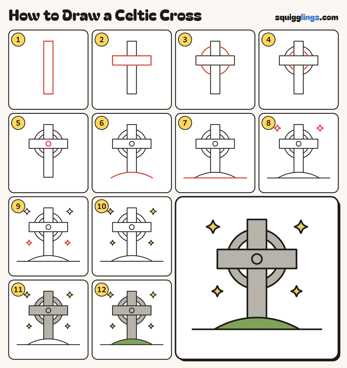How to Draw a Celtic Cross step by step: all 12 steps in one picture