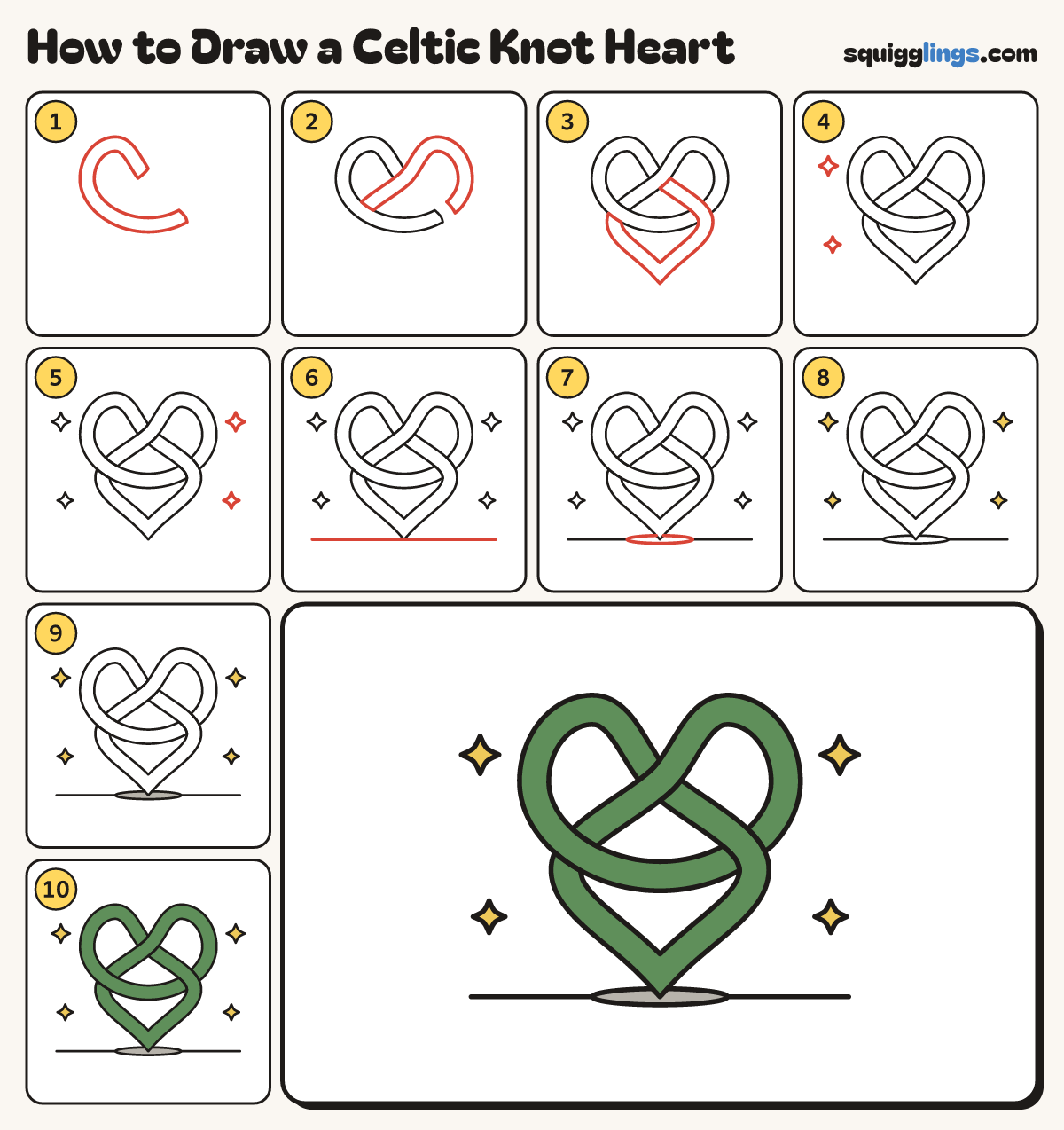 How to Draw a Celtic Knot Heart step by step: all 10 steps in one picture