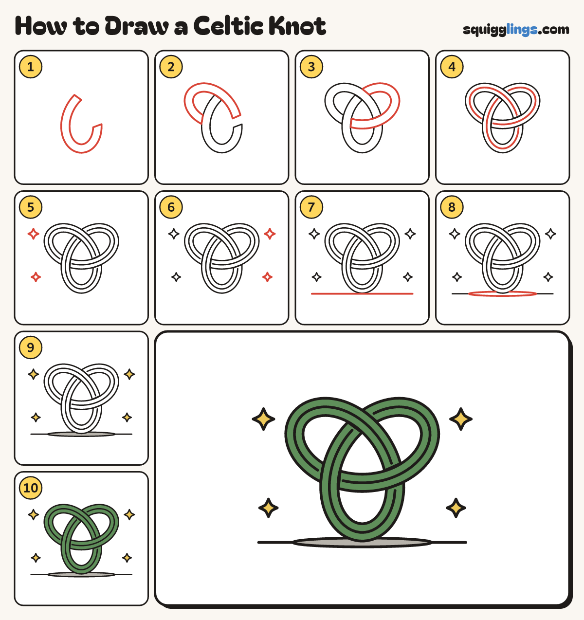 How to Draw a Celtic Knot step by step: all 10 steps in one picture