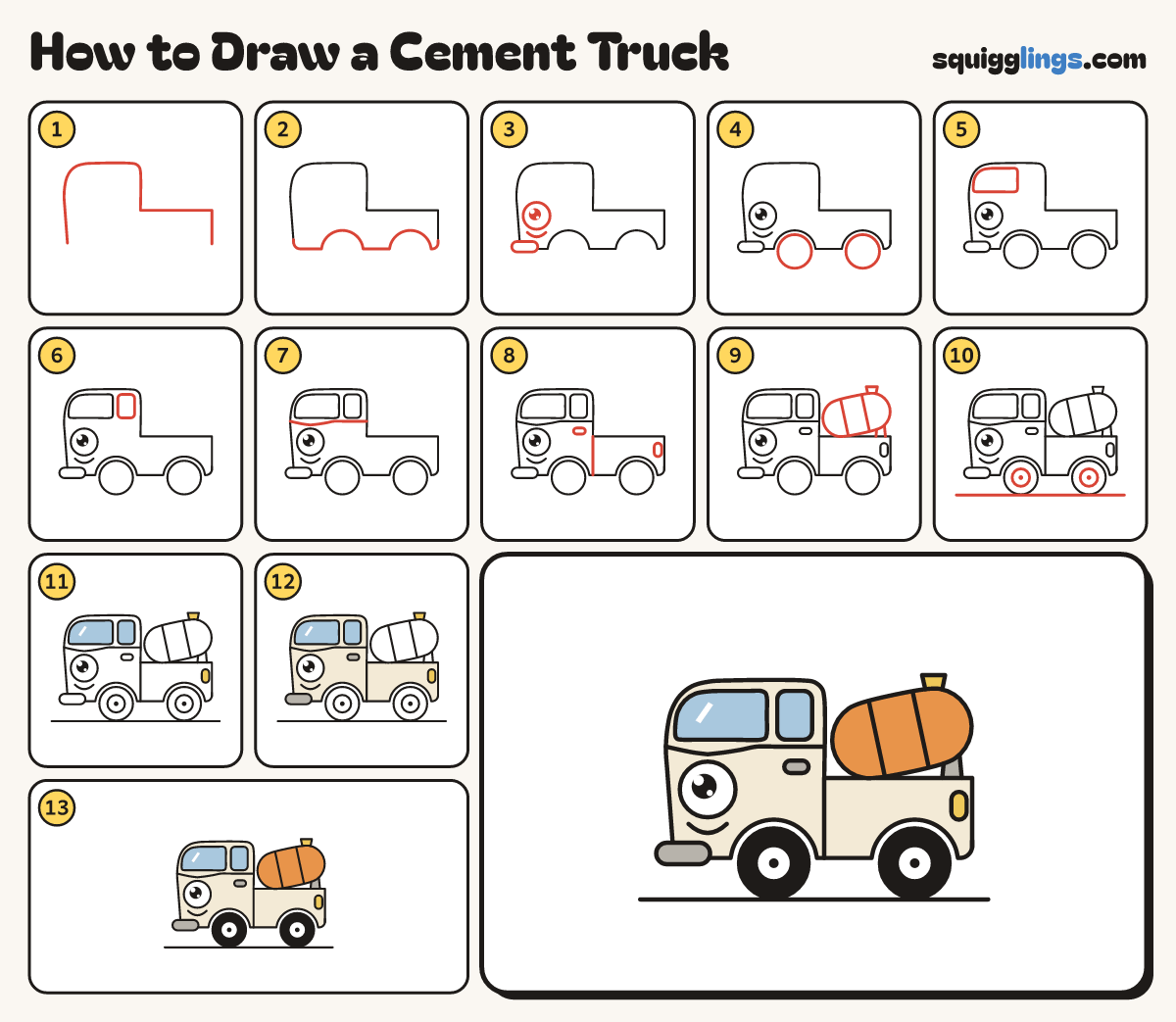 How to Draw a Cement Truck step by step: all 13 steps in one picture