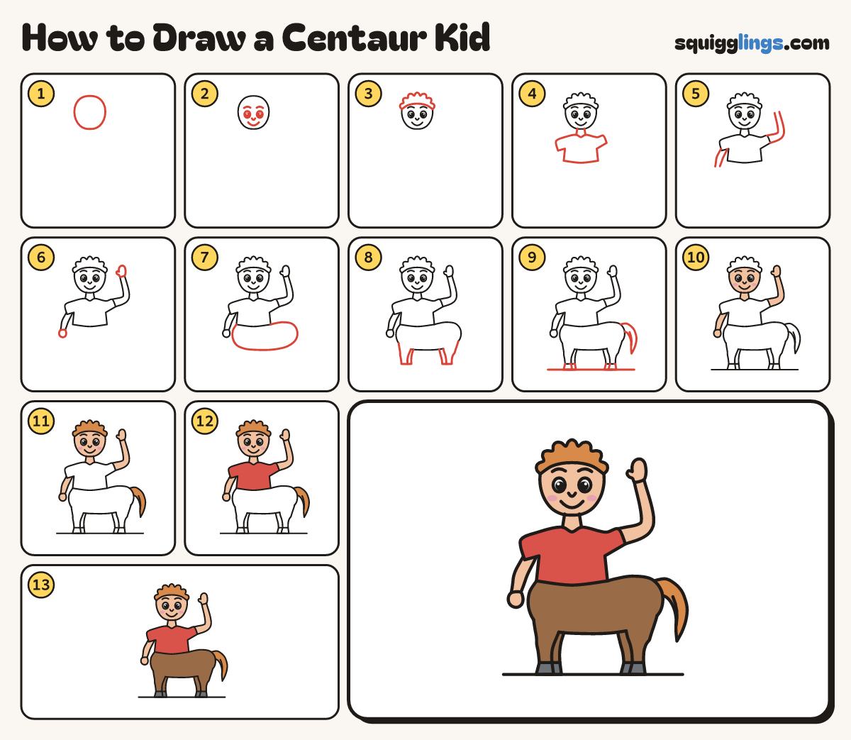 How to Draw a Centaur Kid step by step: all 13 steps in one picture