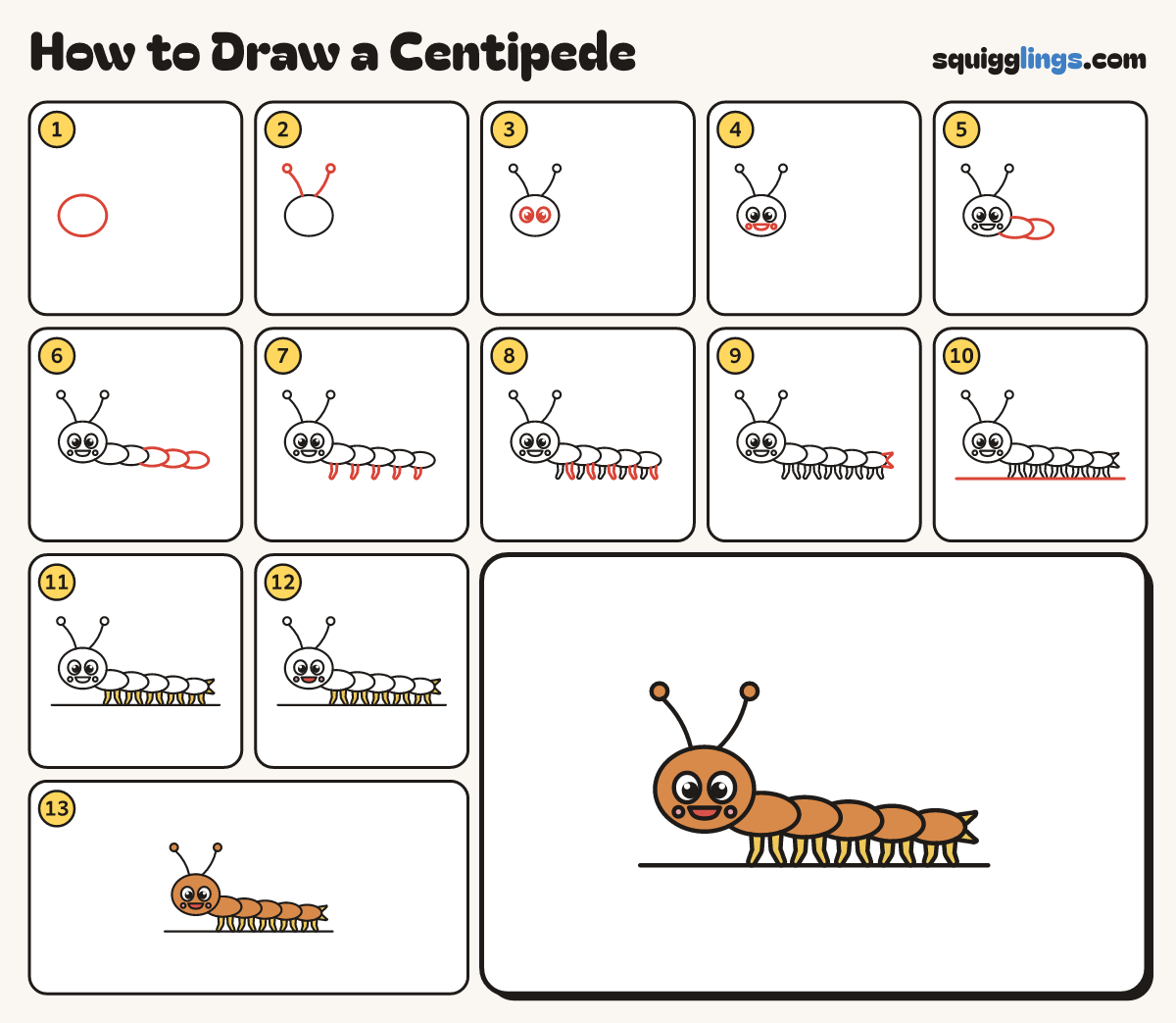 How to Draw a Centipede step by step: all 13 steps in one picture