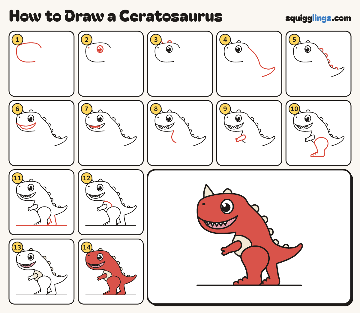 How to Draw a Ceratosaurus step by step: all 14 steps in one picture
