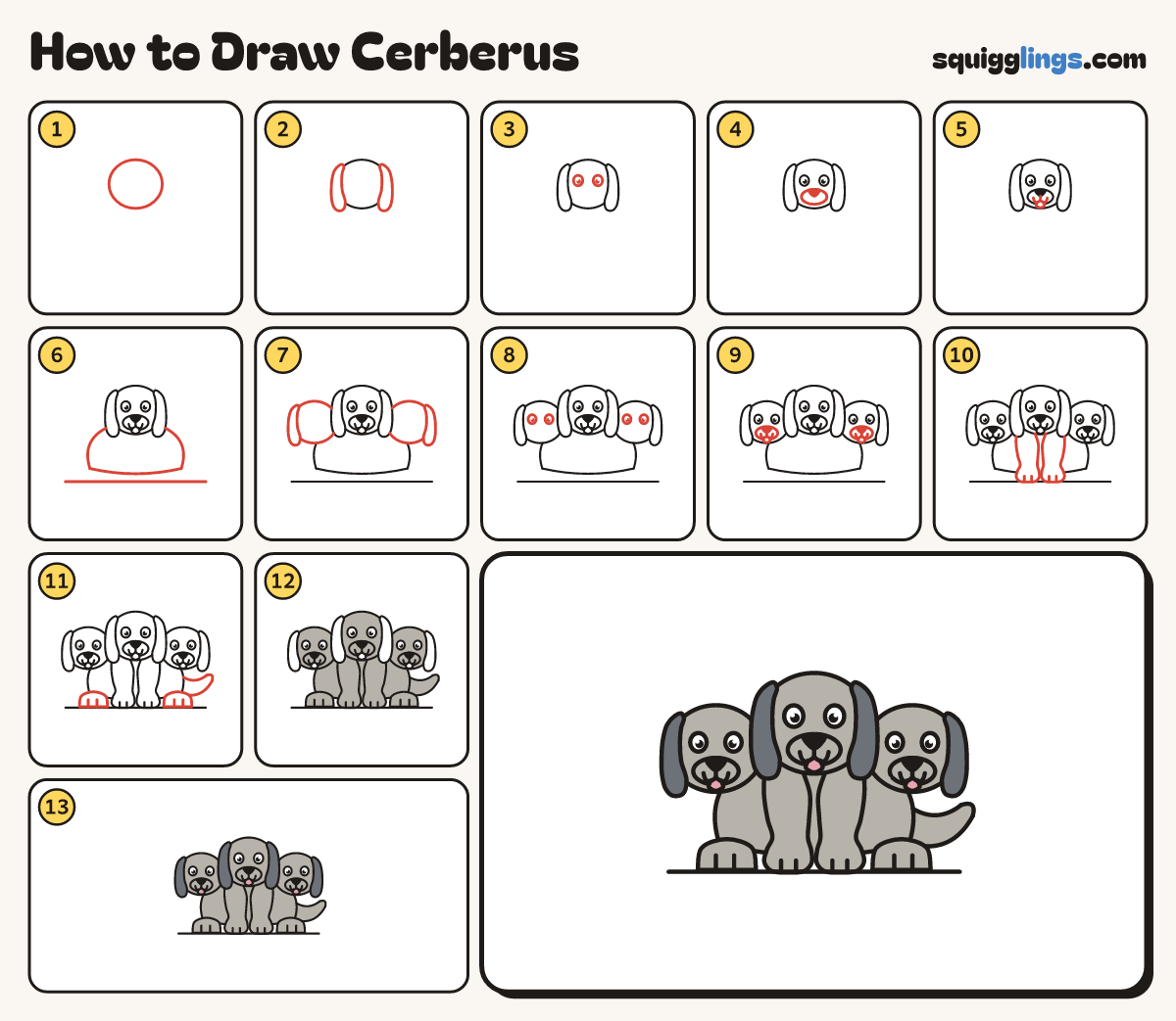 How to Draw Cerberus step by step: all 13 steps in one picture