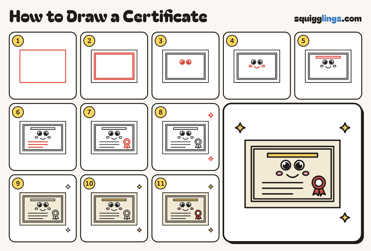 How to Draw a Certificate step by step: all 11 steps in one picture