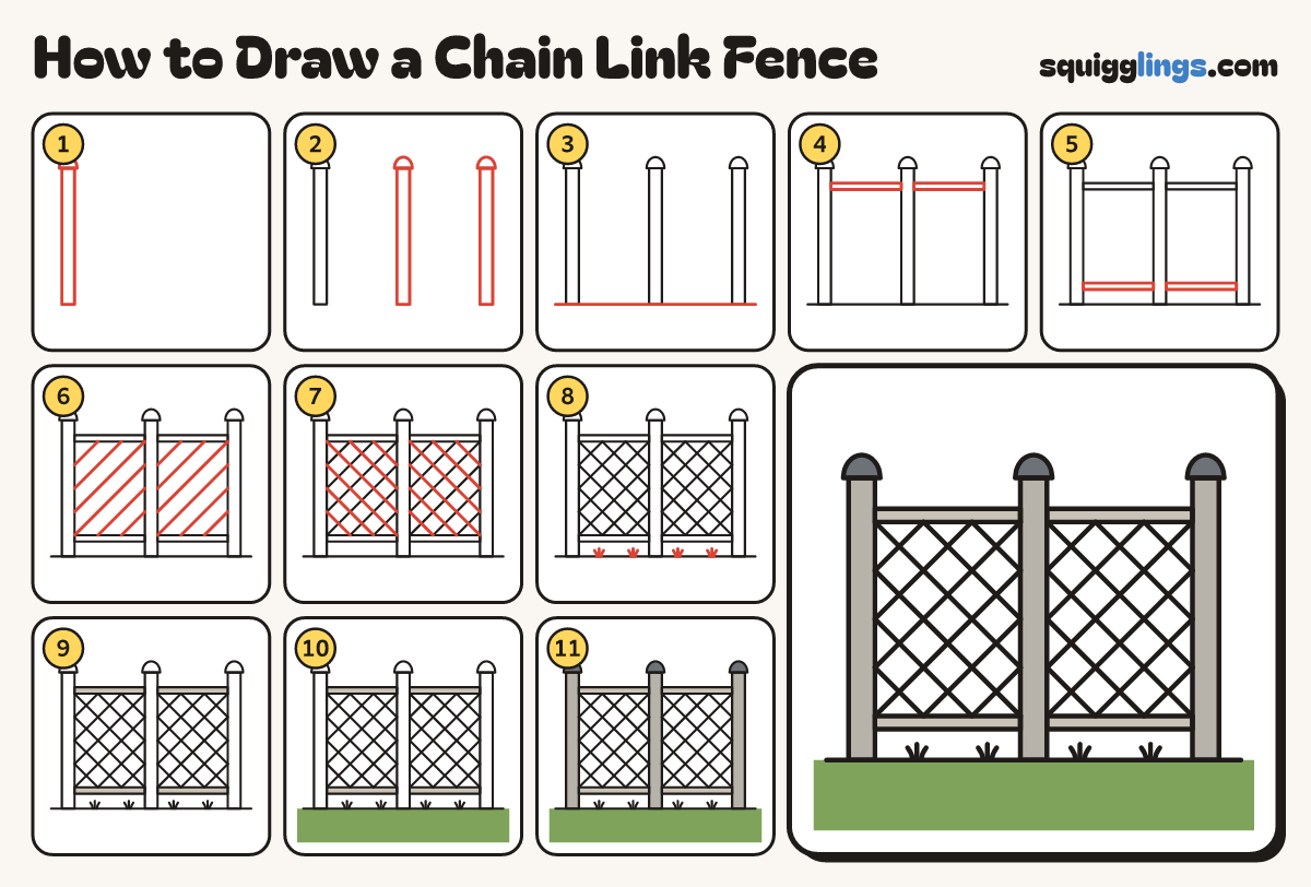 How to Draw a Chain Link Fence step by step: all 11 steps in one picture