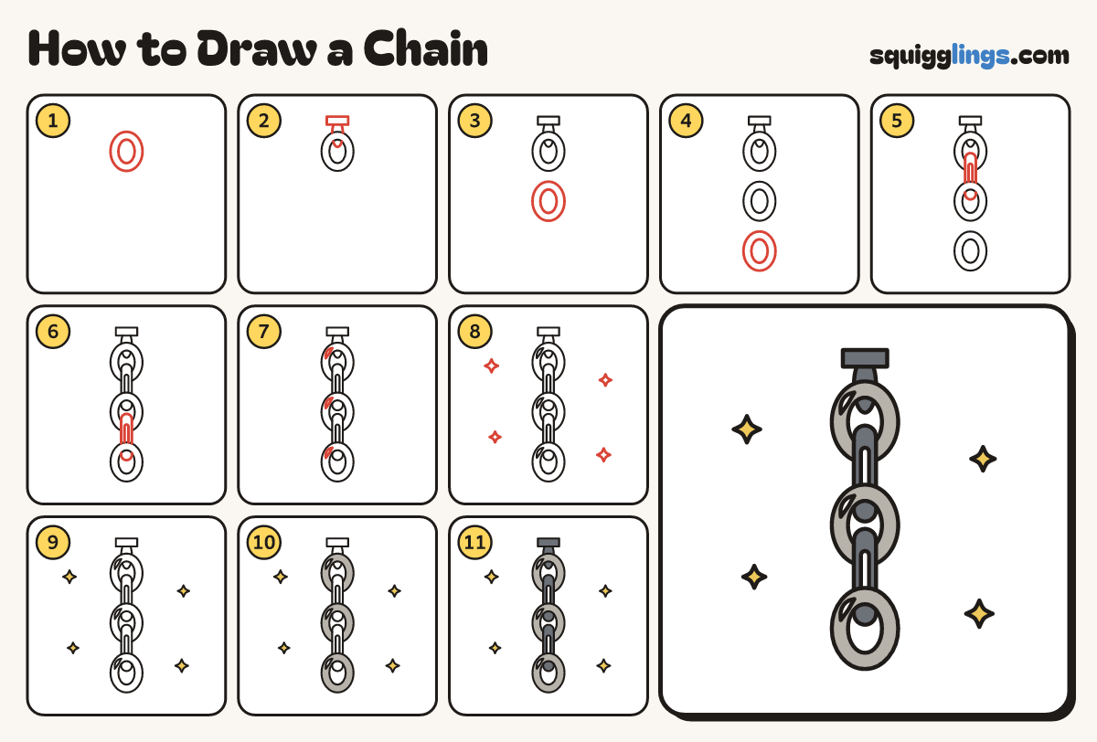 How to Draw a Chain step by step: all 11 steps in one picture