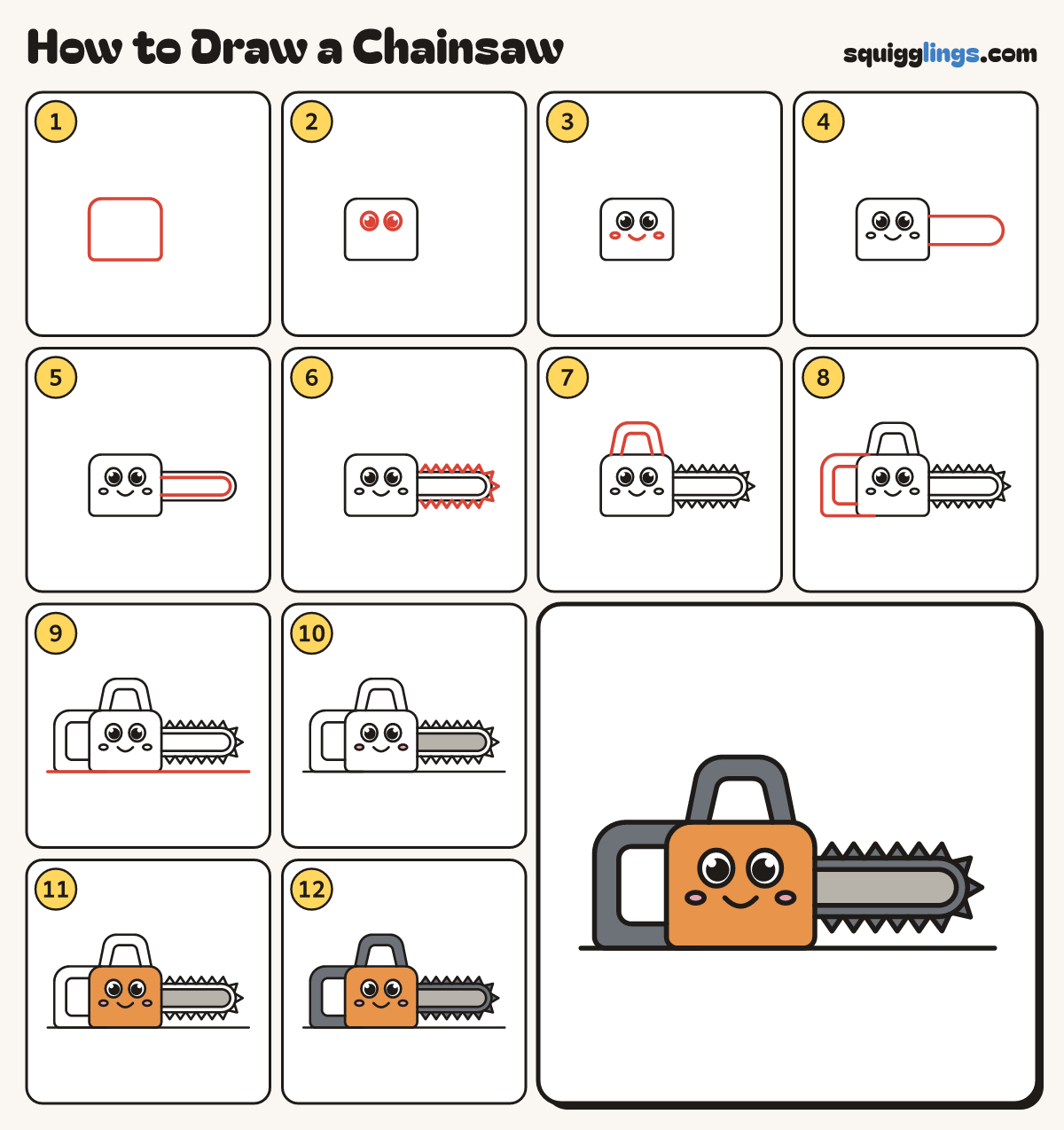 How to Draw a Chainsaw step by step: all 12 steps in one picture