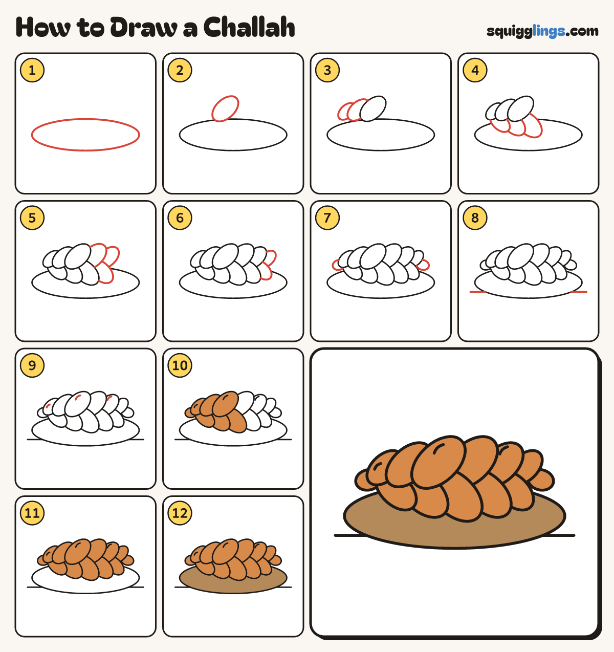 How to Draw a Challah step by step: all 12 steps in one picture