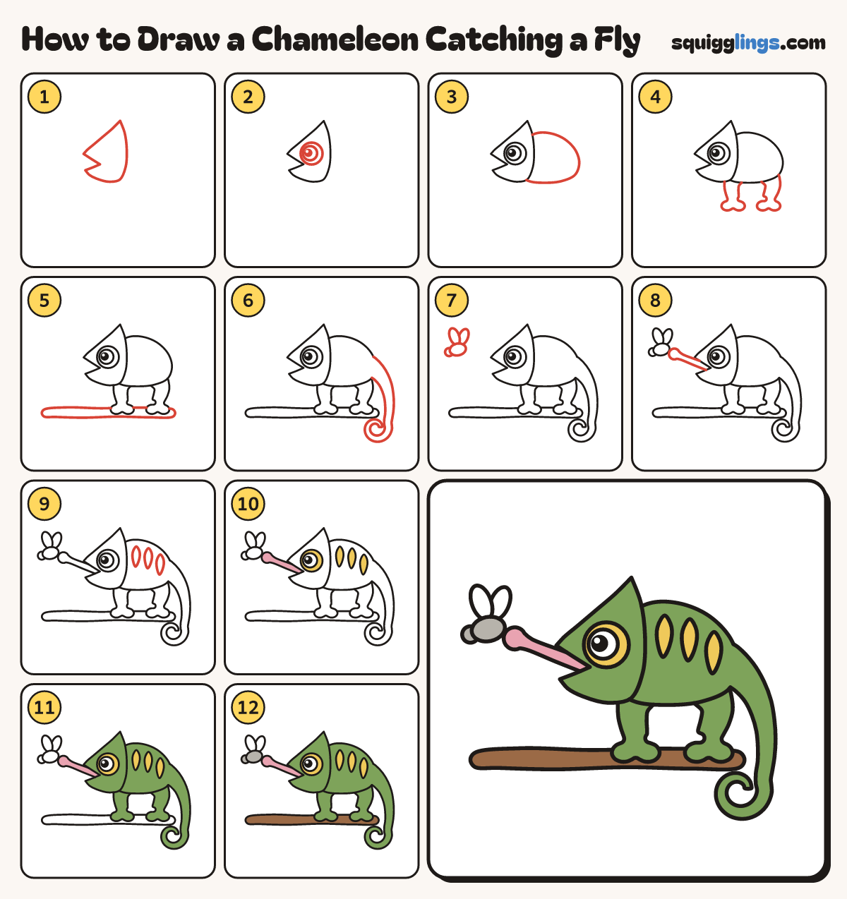 How to Draw a Chameleon Catching a Fly step by step: all 12 steps in one picture