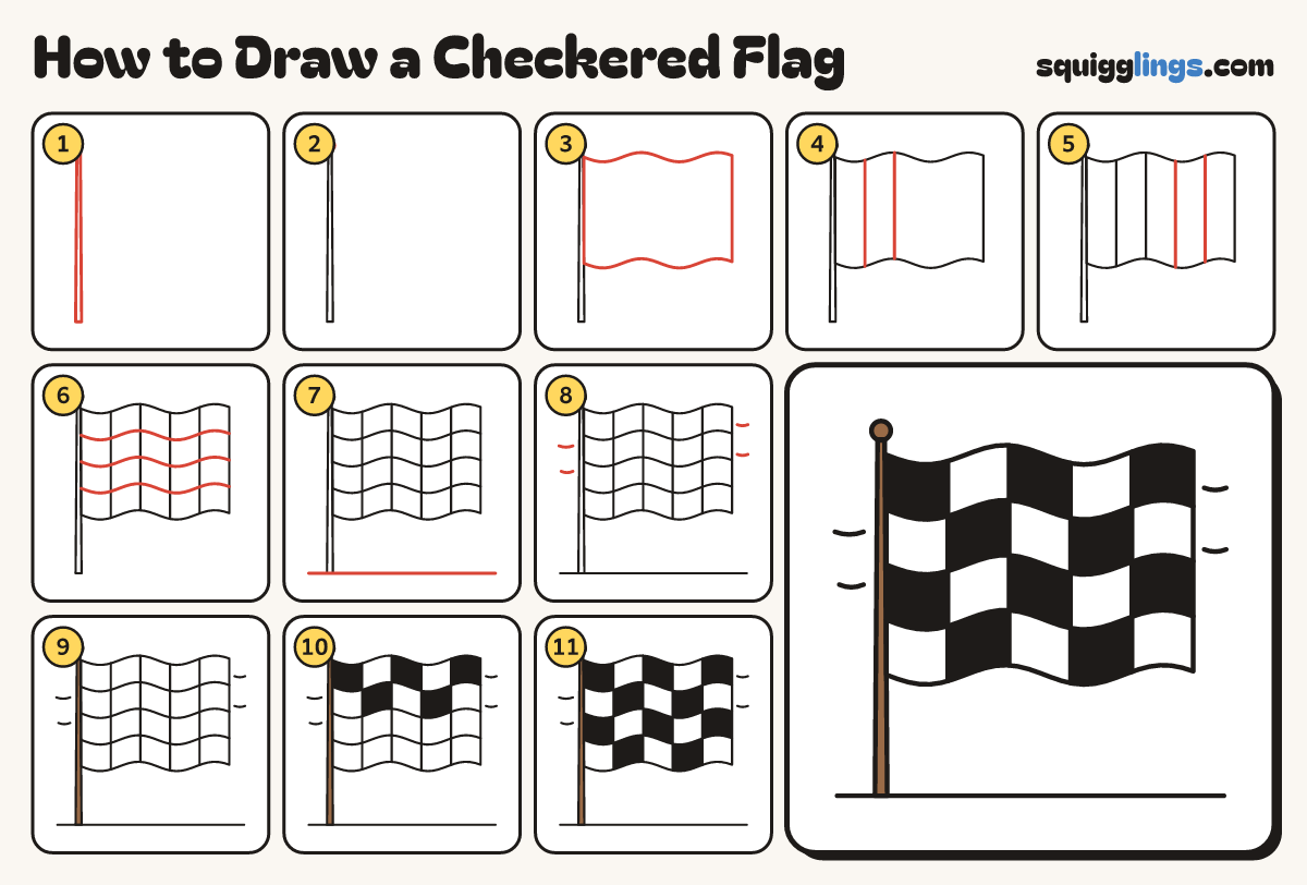 How to Draw a Checkered Flag step by step: all 11 steps in one picture