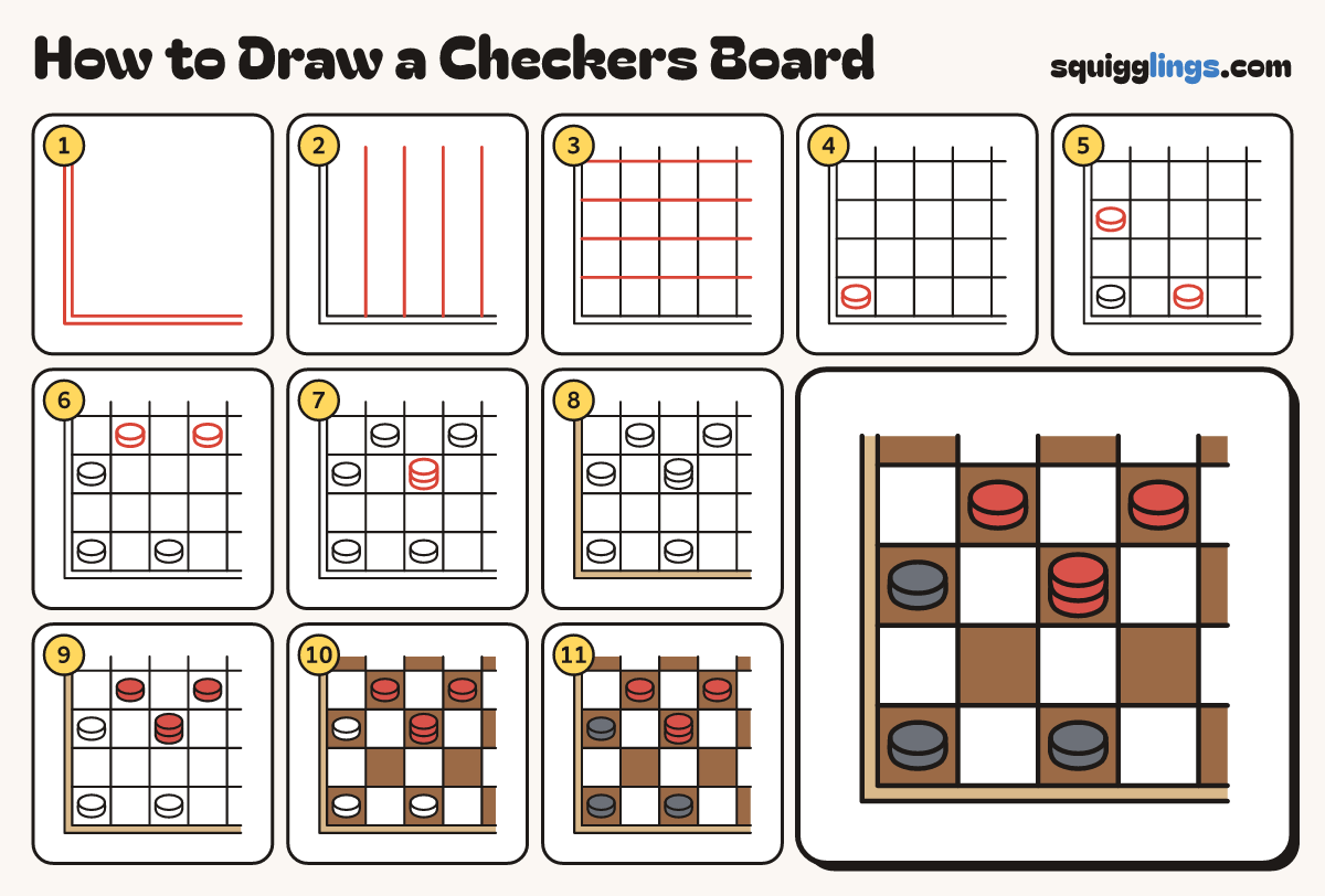 How to Draw a Checkers Board step by step: all 11 steps in one picture