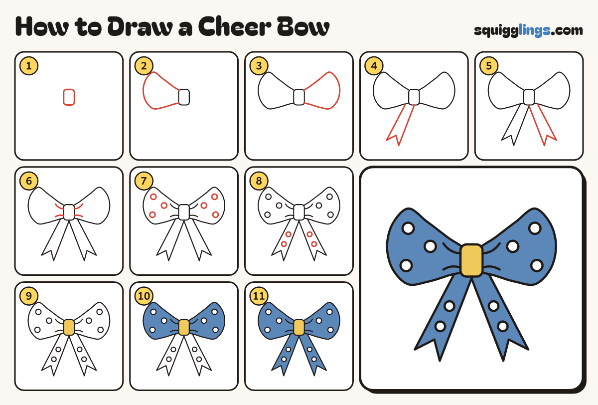 How to Draw a Cheer Bow step by step: all 11 steps in one picture