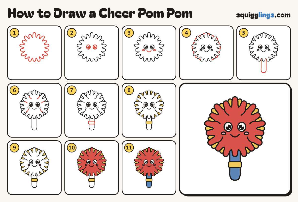 How to Draw a Cheer Pom Pom step by step: all 11 steps in one picture
