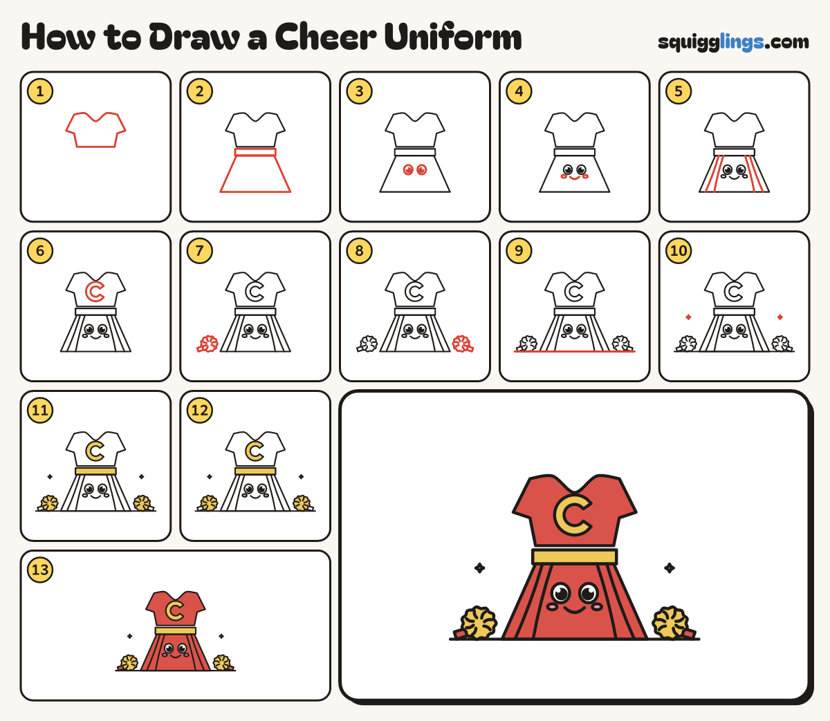 How to Draw a Cheer Uniform step by step: all 13 steps in one picture