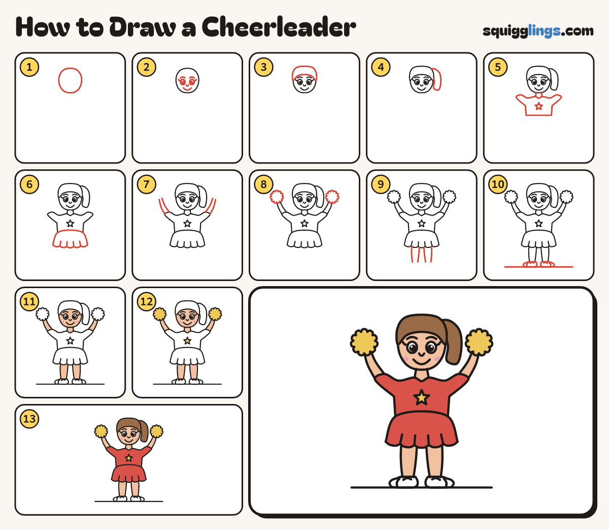 How to Draw a Cheerleader step by step: all 13 steps in one picture