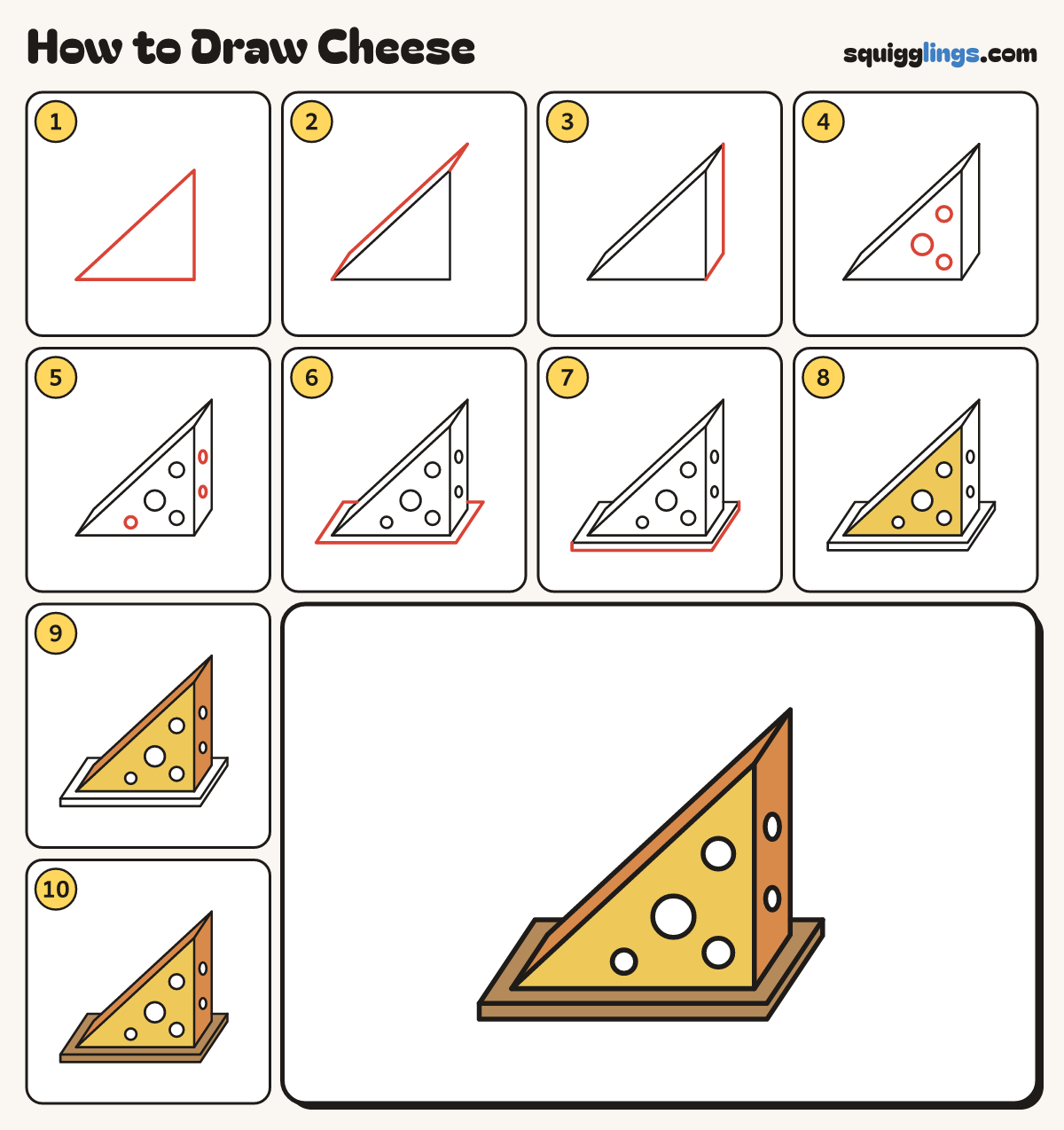 How to Draw Cheese step by step: all 10 steps in one picture