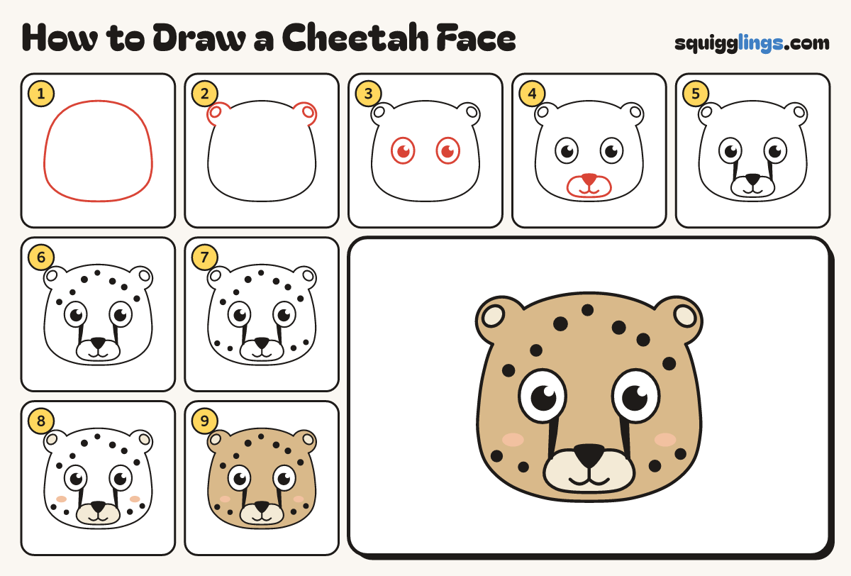 How to Draw a Cheetah Face step by step: all 9 steps in one picture