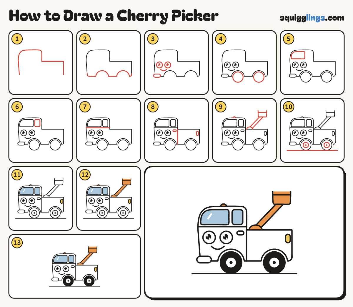 How to Draw a Cherry Picker step by step: all 13 steps in one picture