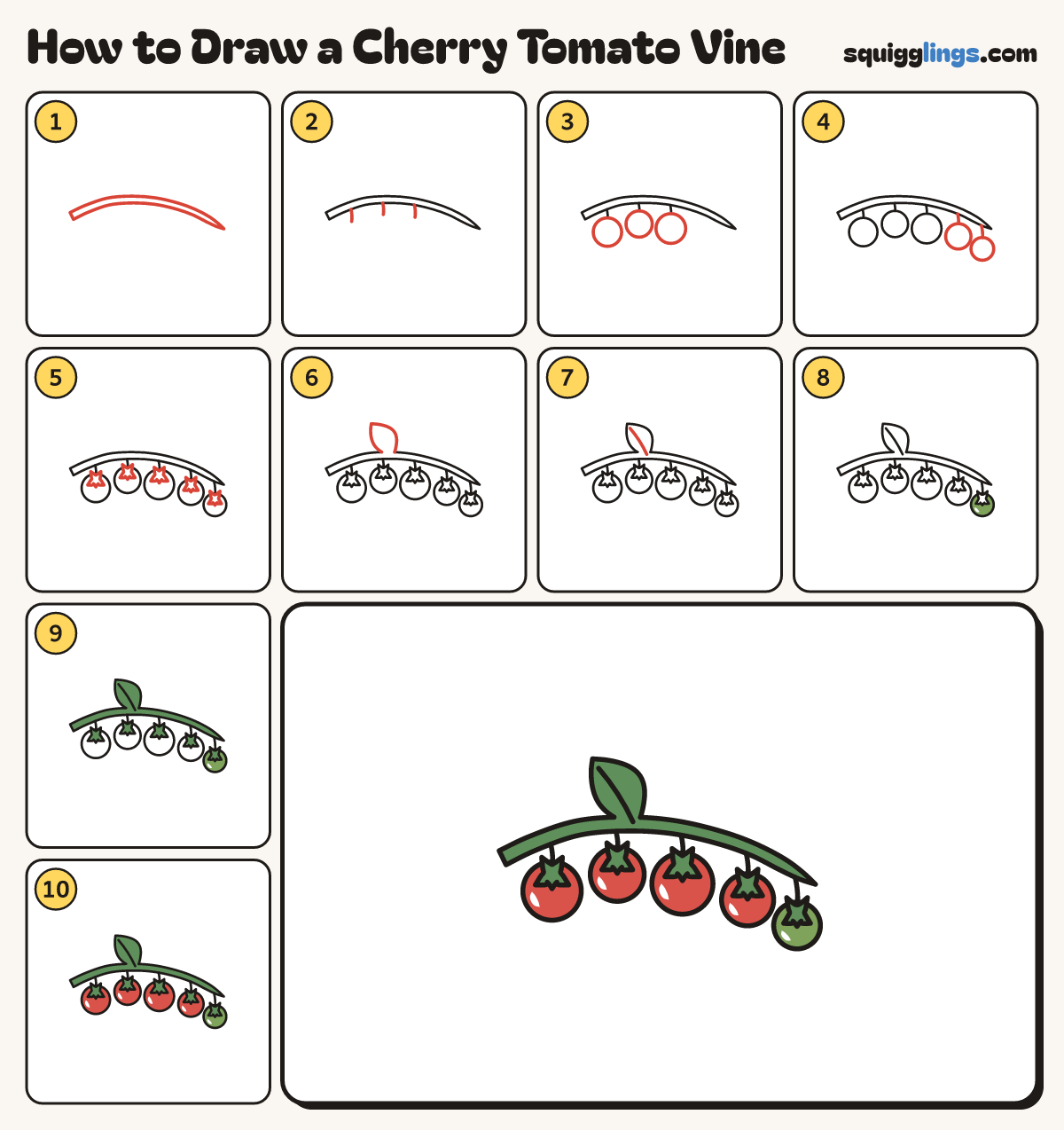 How to Draw a Cherry Tomato Vine step by step: all 10 steps in one picture