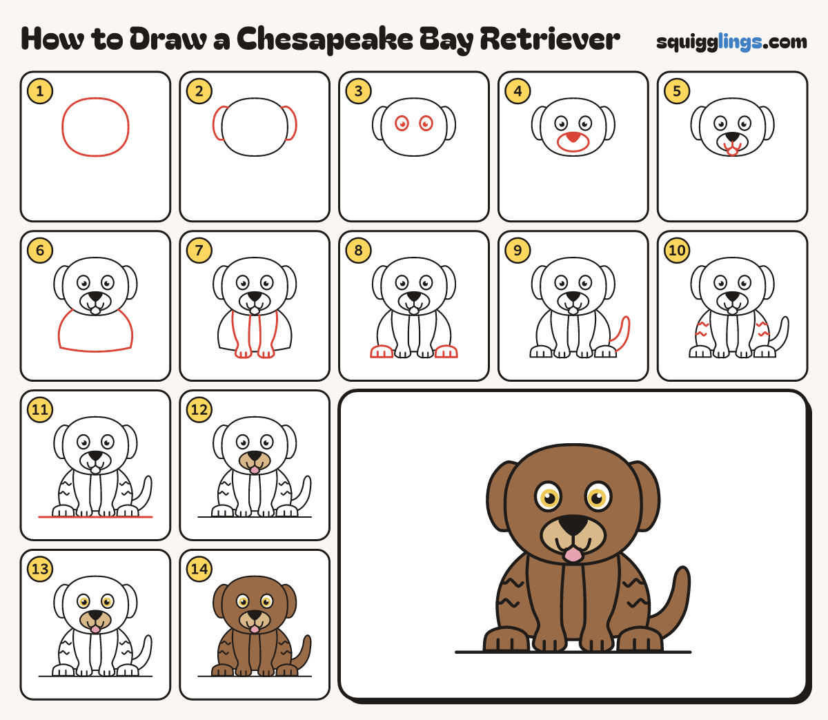 How to Draw a Chesapeake Bay Retriever step by step: all 14 steps in one picture