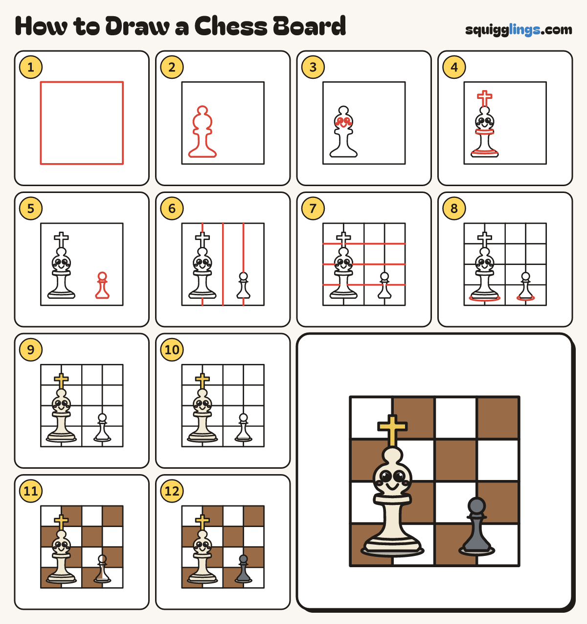 How to Draw a Chess Board step by step: all 12 steps in one picture