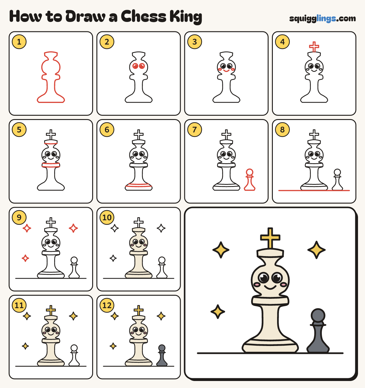How to Draw a Chess King step by step: all 12 steps in one picture