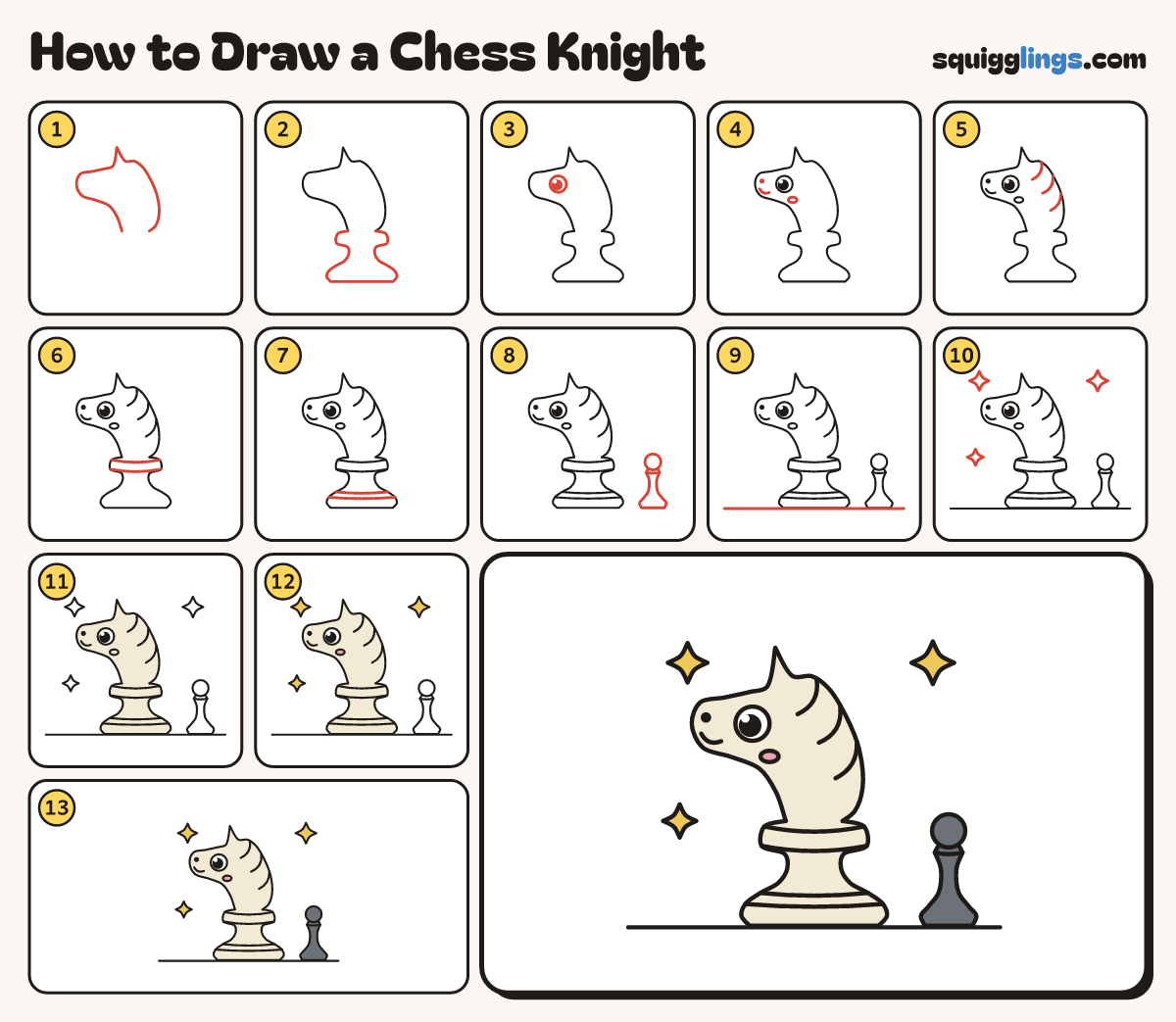 How to Draw a Chess Knight step by step: all 13 steps in one picture