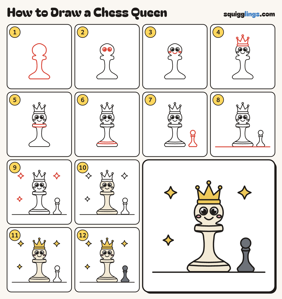 How to Draw a Chess Queen step by step: all 12 steps in one picture