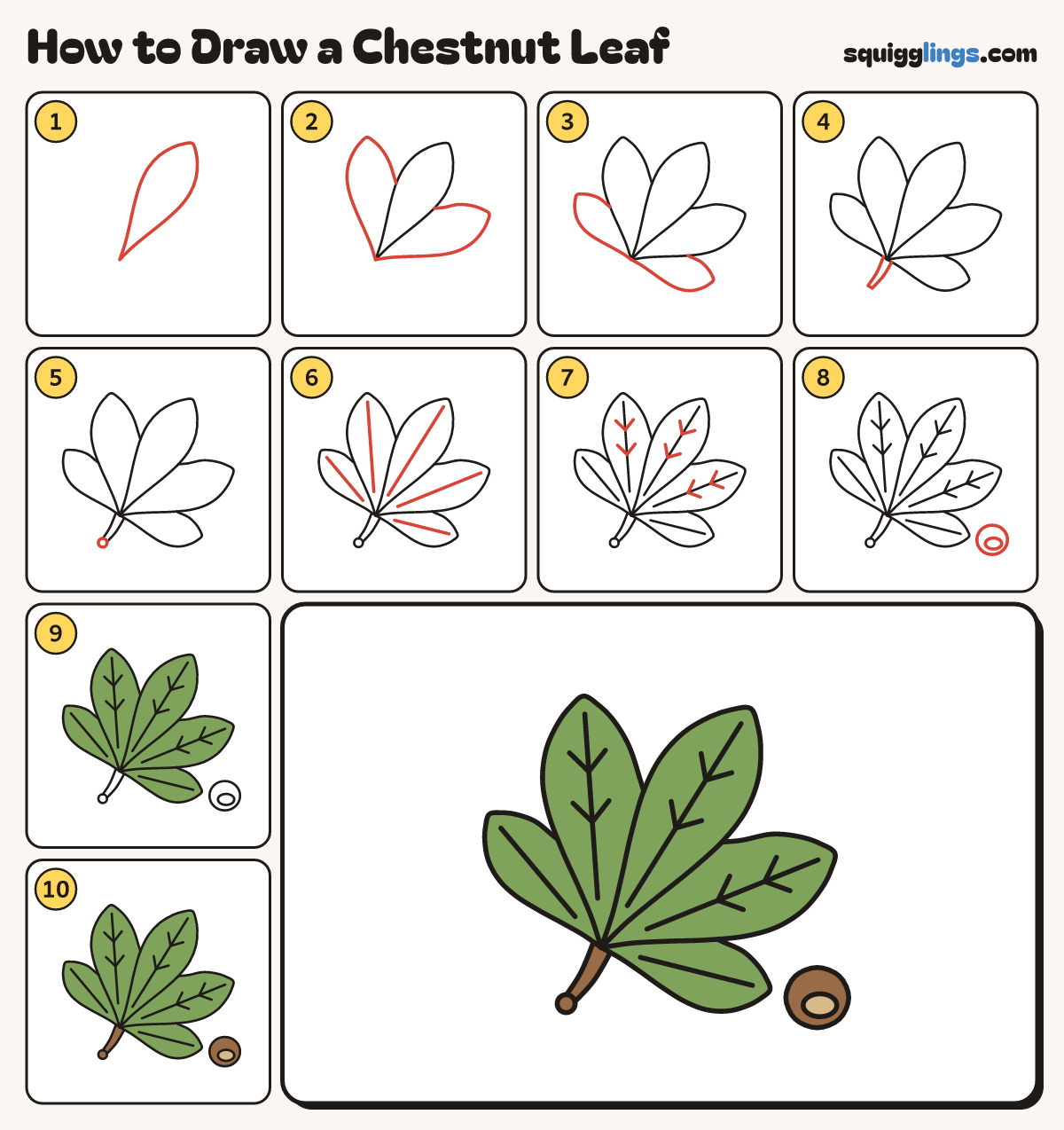 How to Draw a Chestnut Leaf step by step: all 10 steps in one picture