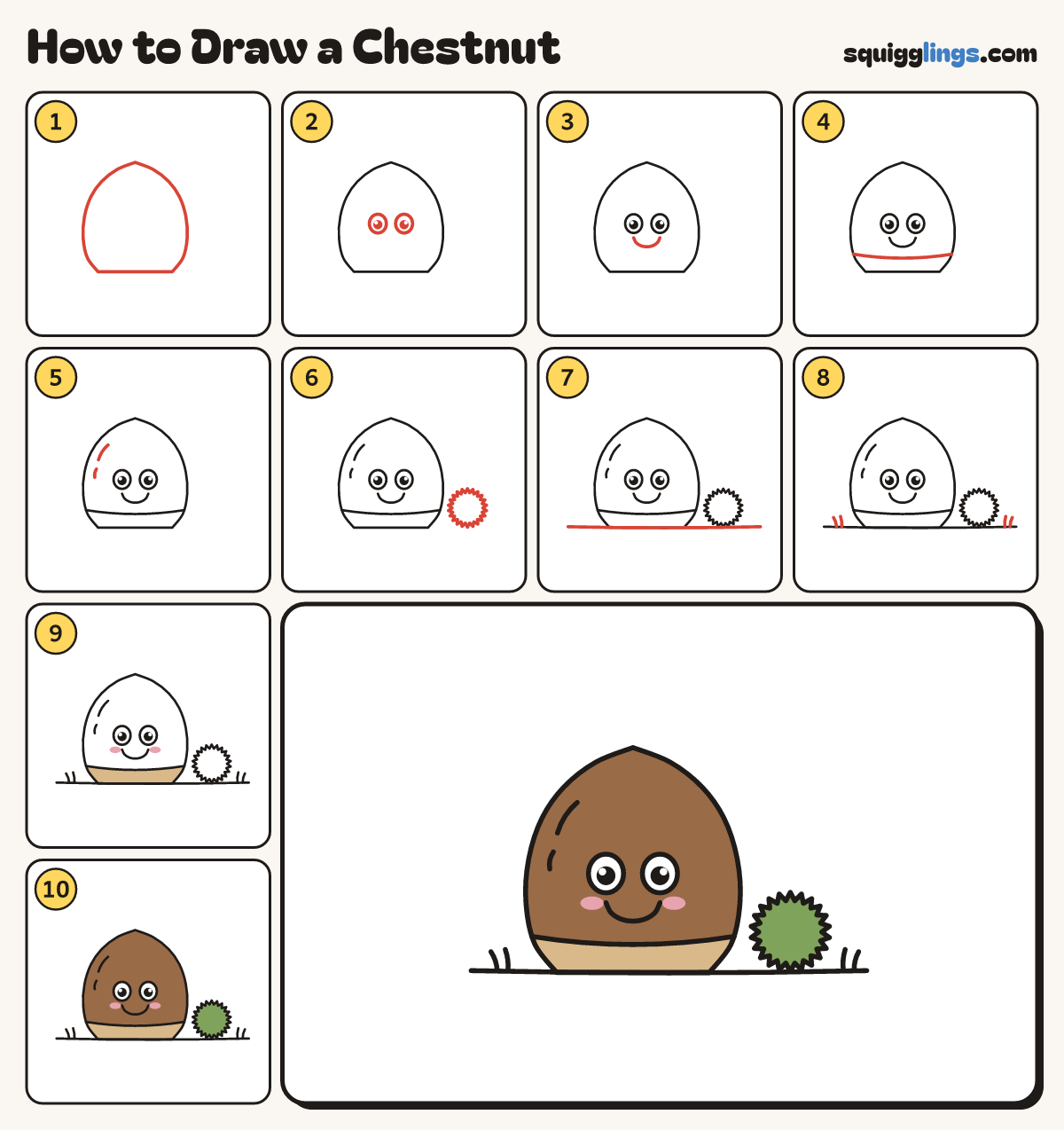 How to Draw a Chestnut step by step: all 10 steps in one picture