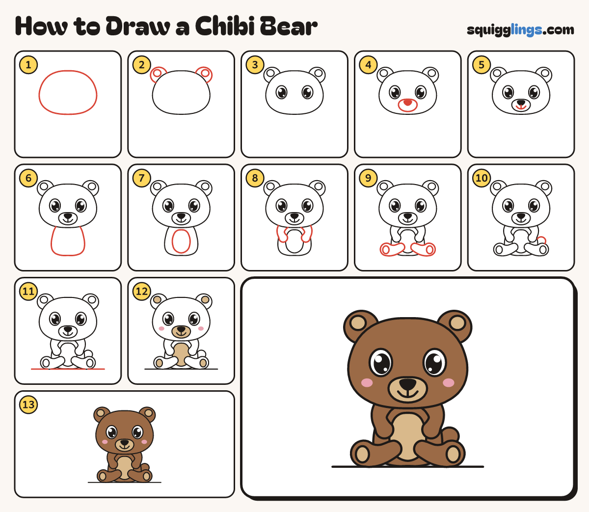 How to Draw a Chibi Bear step by step: all 13 steps in one picture