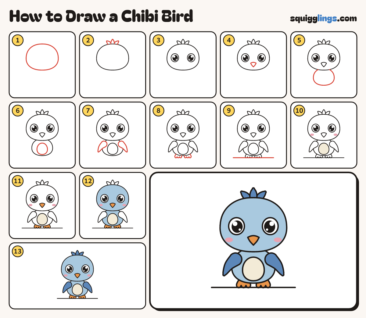 How to Draw a Chibi Bird step by step: all 13 steps in one picture