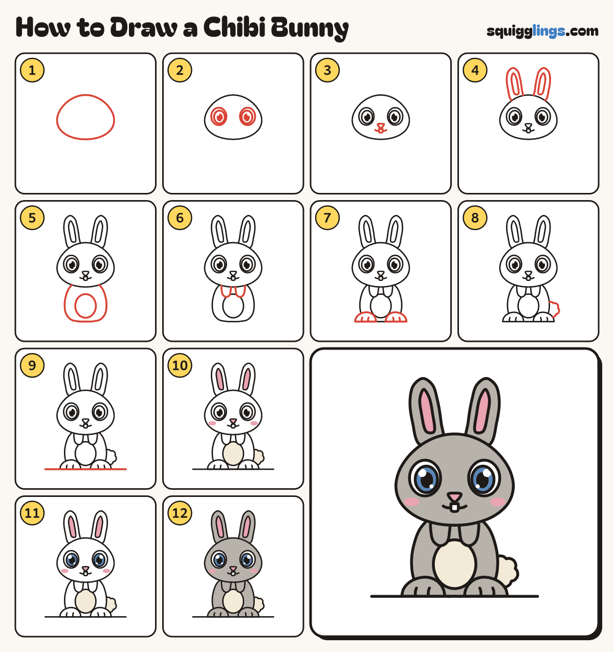 How to Draw a Chibi Bunny step by step: all 12 steps in one picture