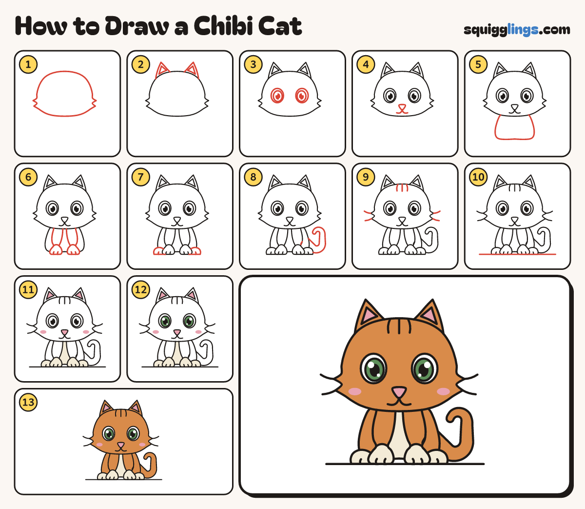 How to Draw a Chibi Cat step by step: all 13 steps in one picture