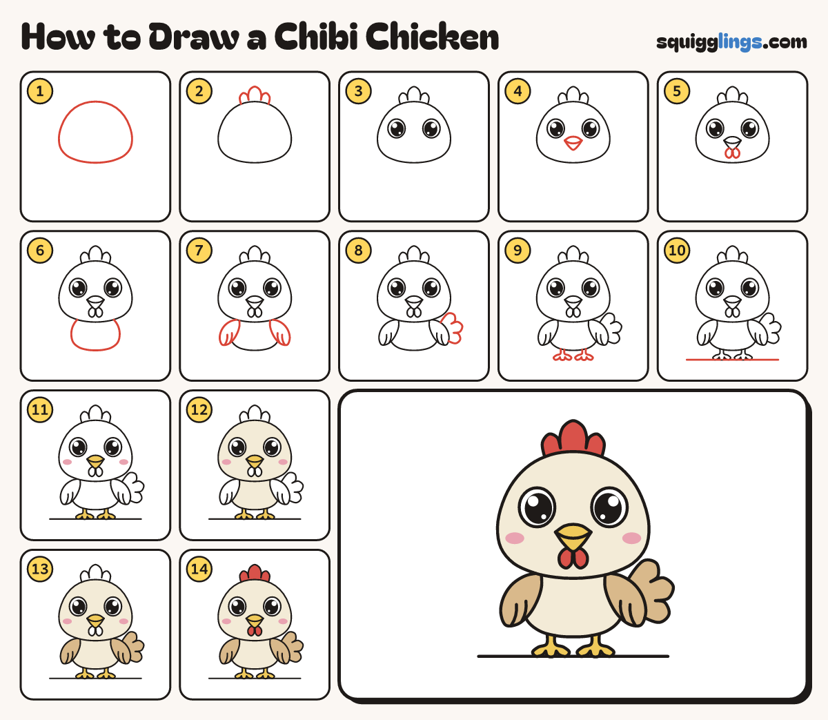 How to Draw a Chibi Chicken step by step: all 14 steps in one picture